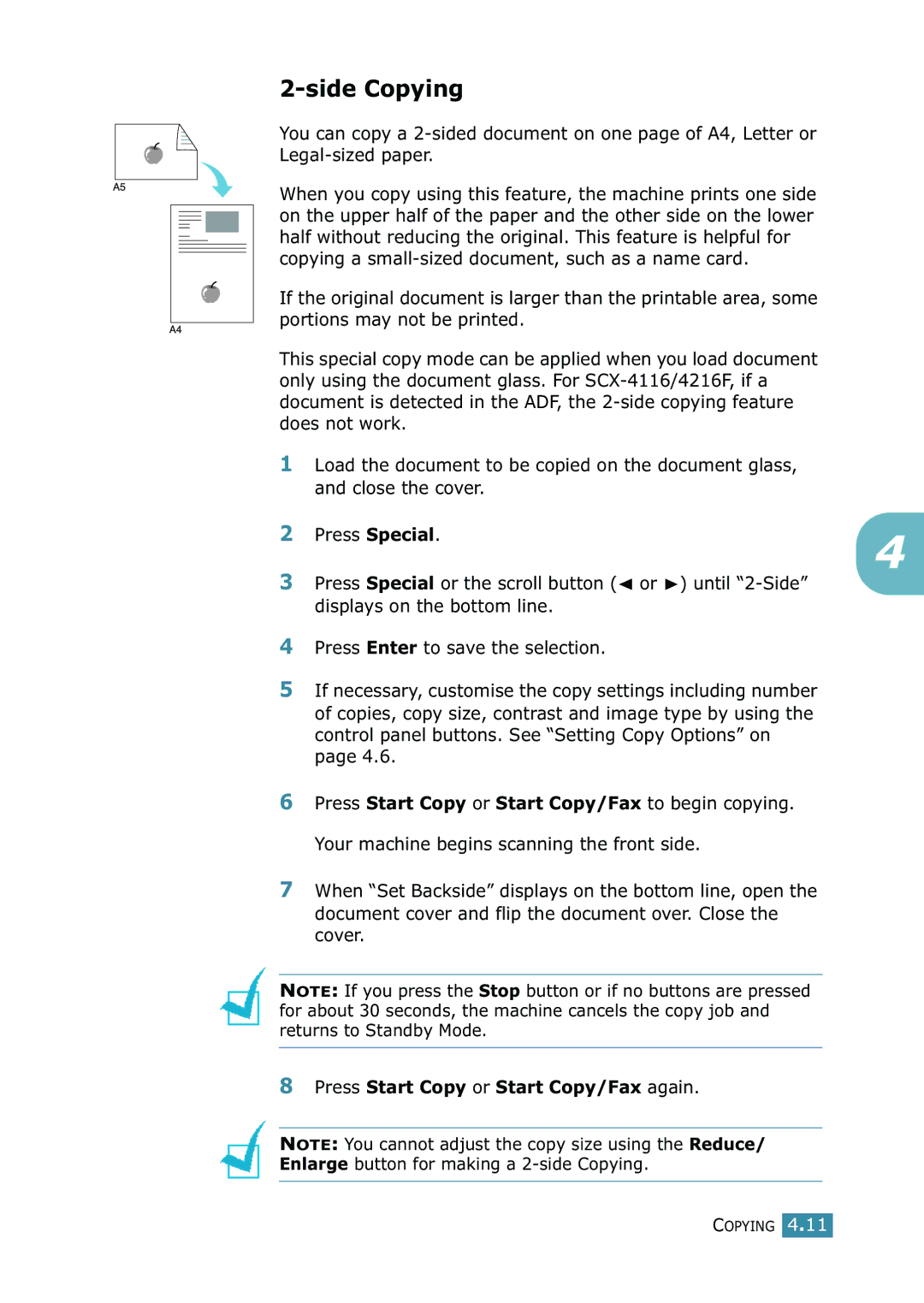 Samsung SCX-4216F manual Side Copying, Press Start Copy or Start Copy/Fax again 