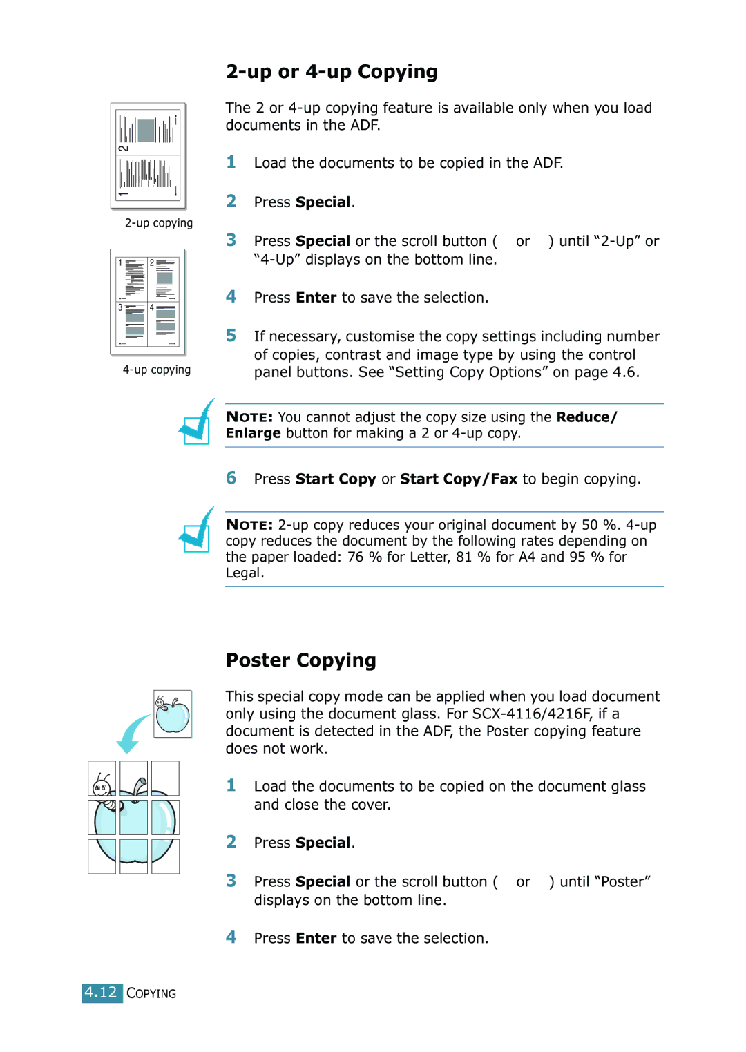 Samsung SCX-4216F manual Up or 4-up Copying, Poster Copying 