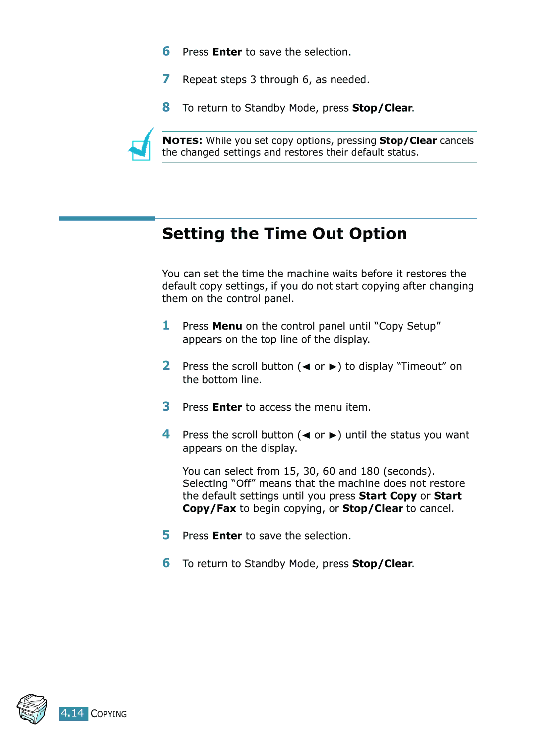 Samsung SCX-4216F manual Setting the Time Out Option 