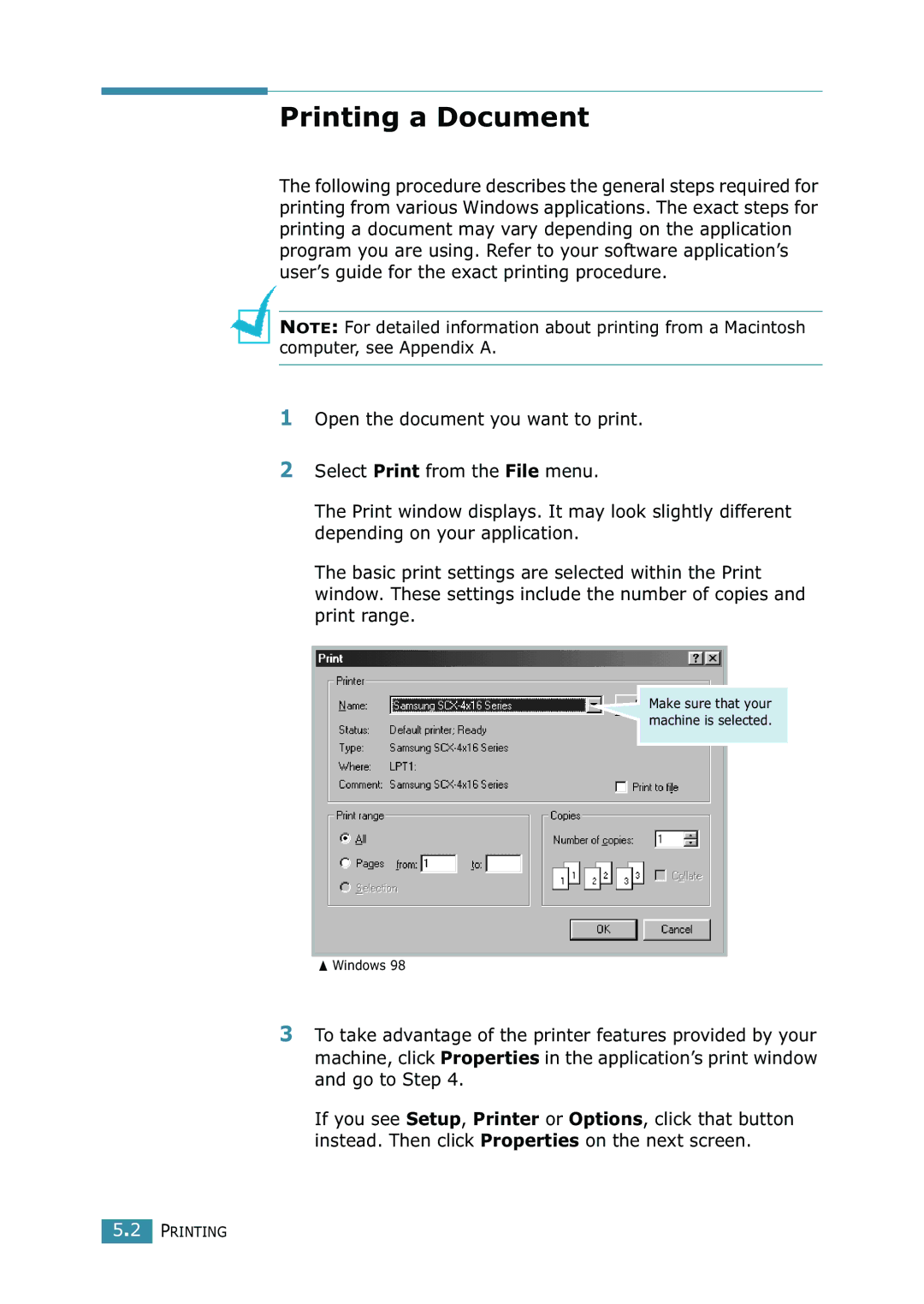 Samsung SCX-4216F manual Printing a Document 