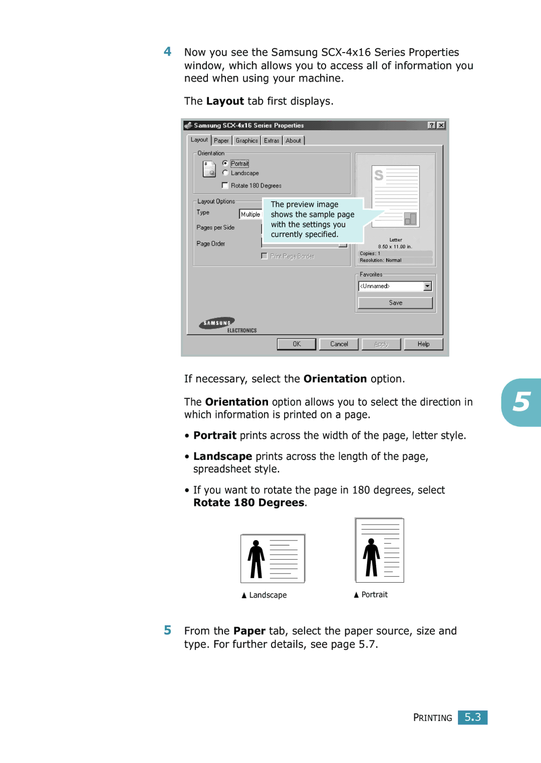 Samsung SCX-4216F manual If necessary, select the Orientation option 