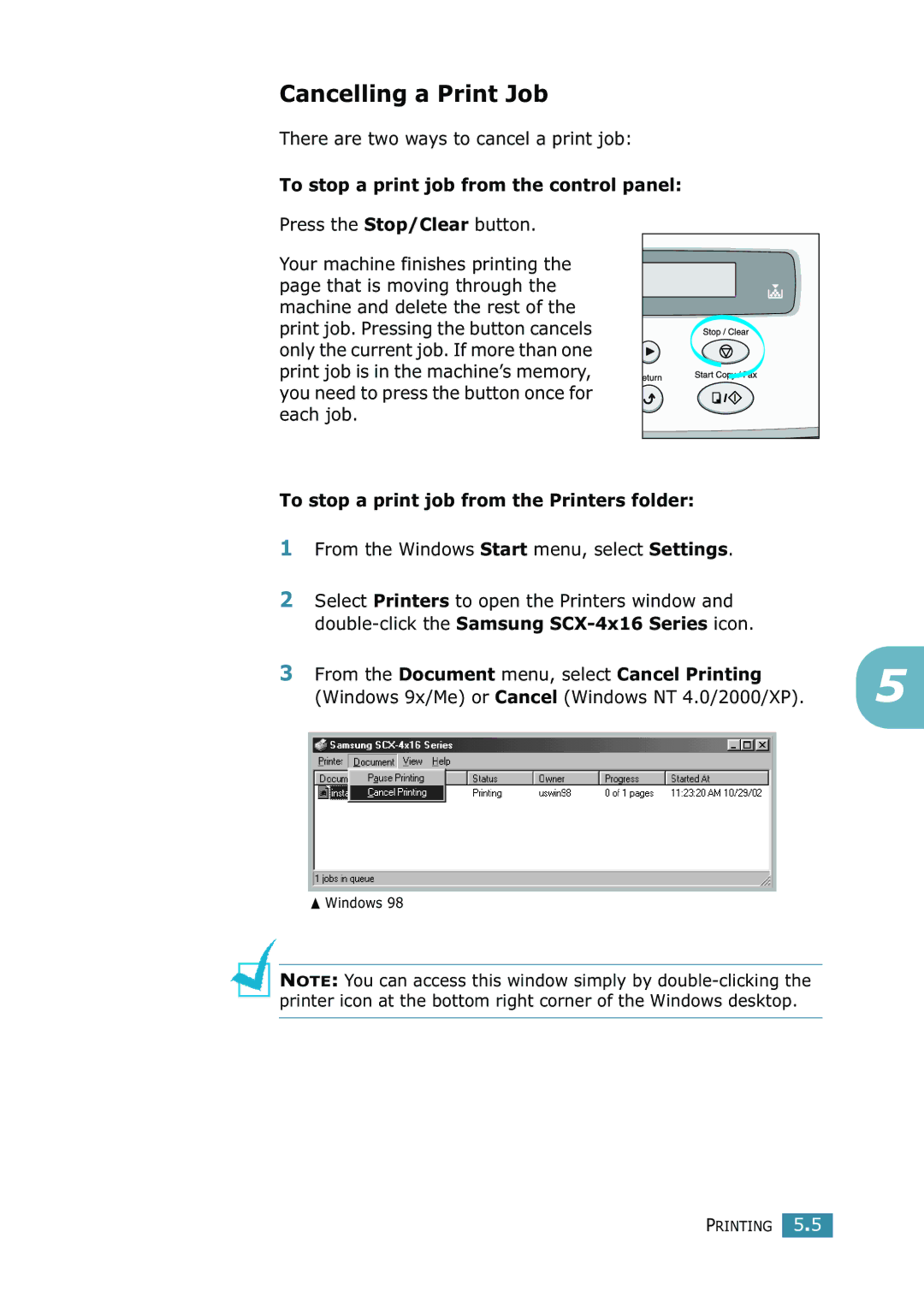 Samsung SCX-4216F manual Cancelling a Print Job, To stop a print job from the control panel 