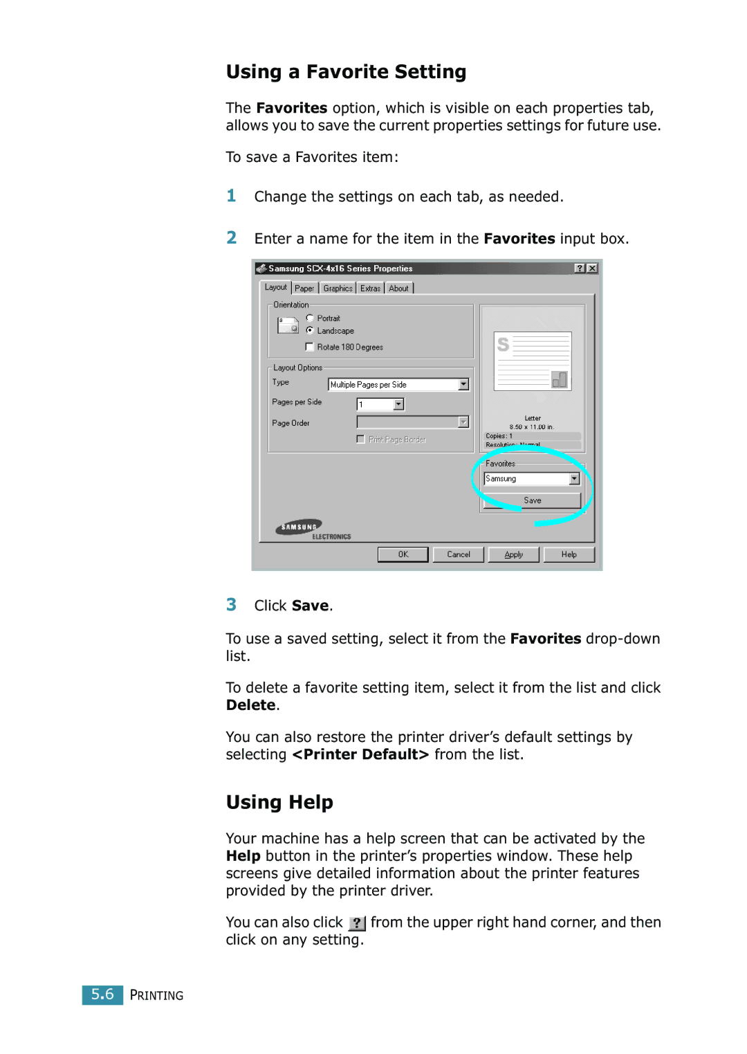 Samsung SCX-4216F manual Using a Favorite Setting, Using Help 