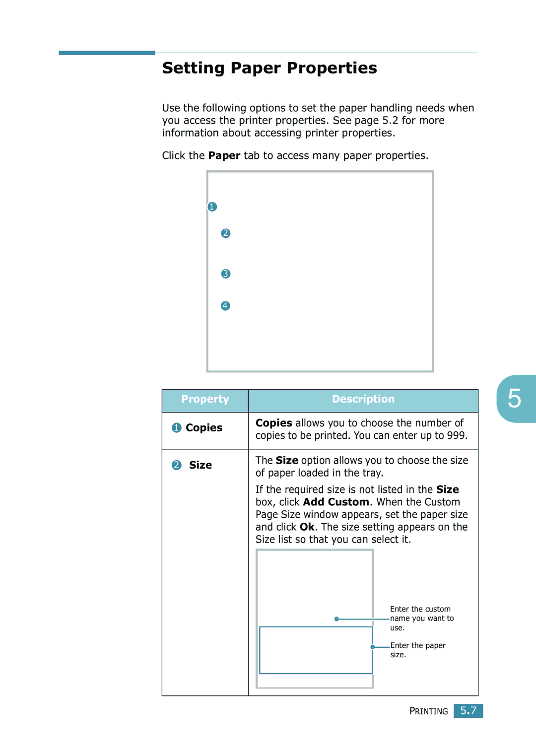 Samsung SCX-4216F manual Setting Paper Properties, Property Description, Size 