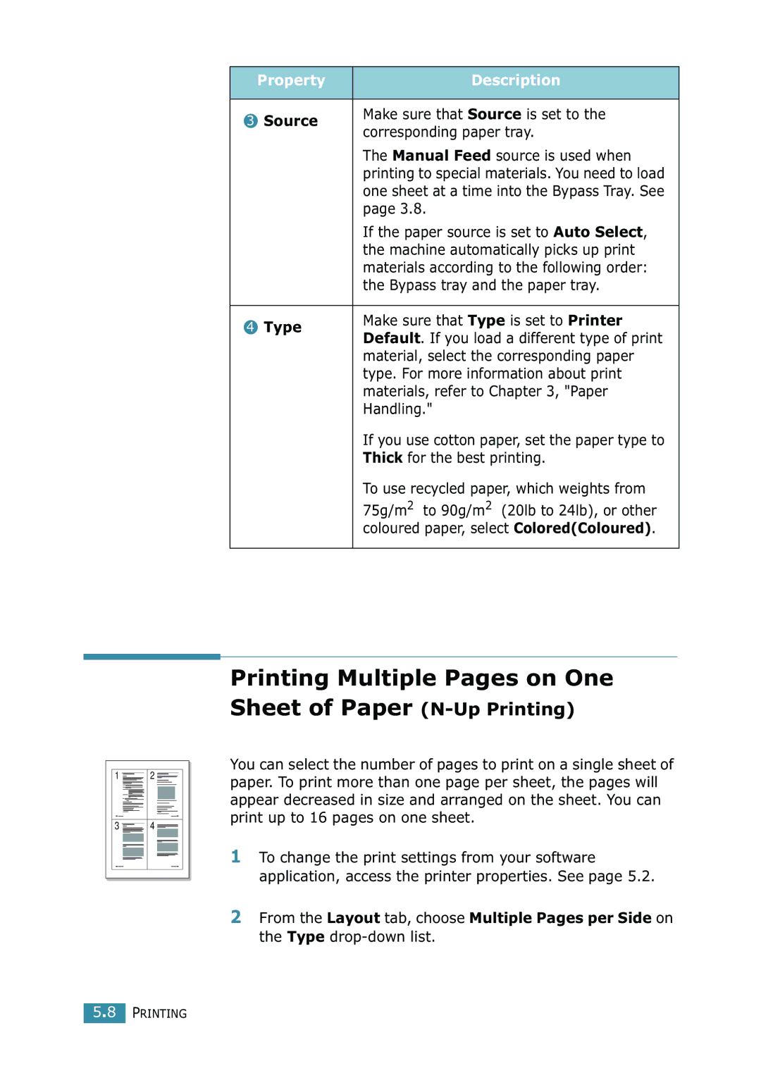 Samsung SCX-4216F manual Printing Multiple Pages on One Sheet of Paper N-Up Printing, Source, Type 