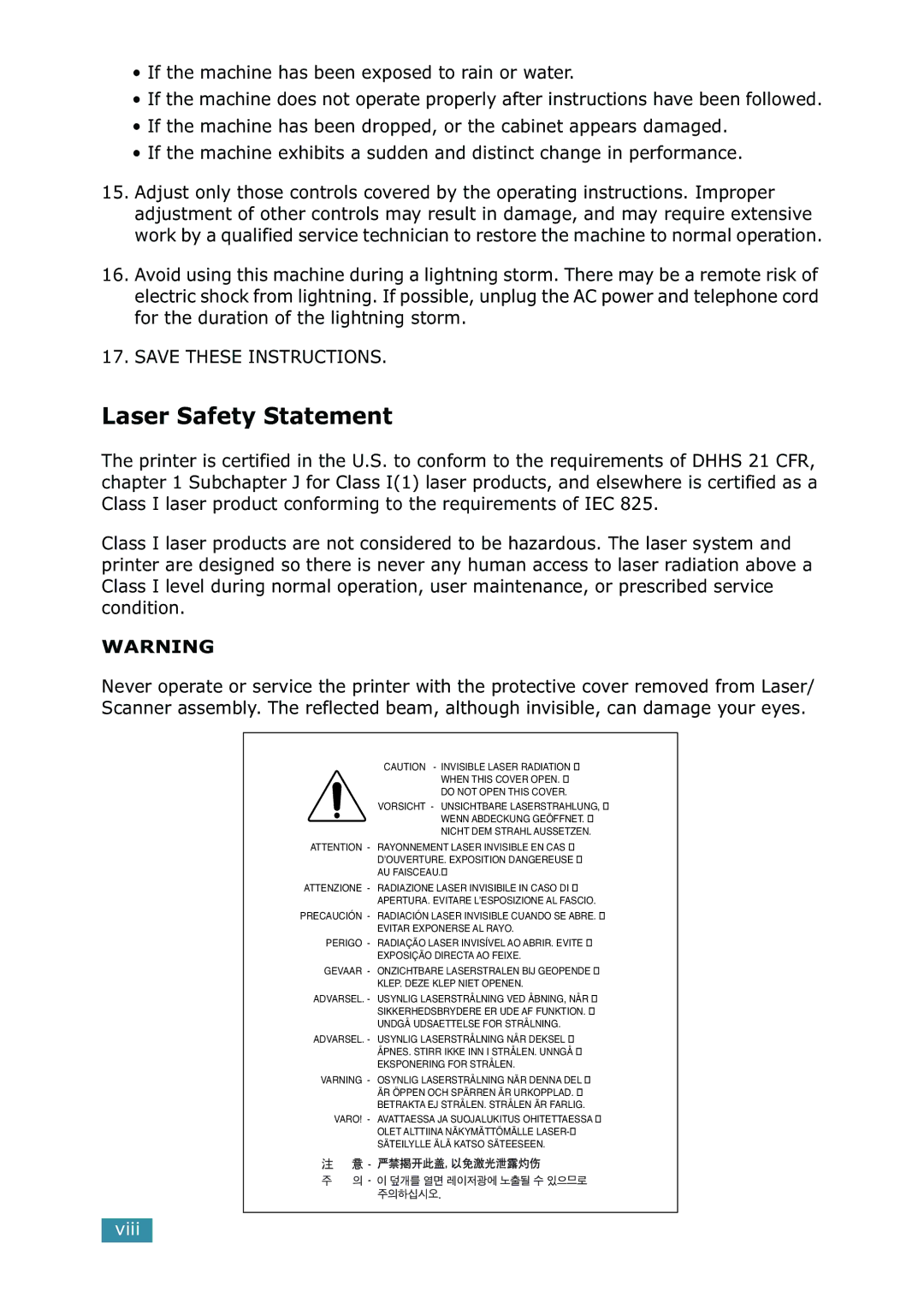 Samsung SCX-4216F manual Laser Safety Statement 