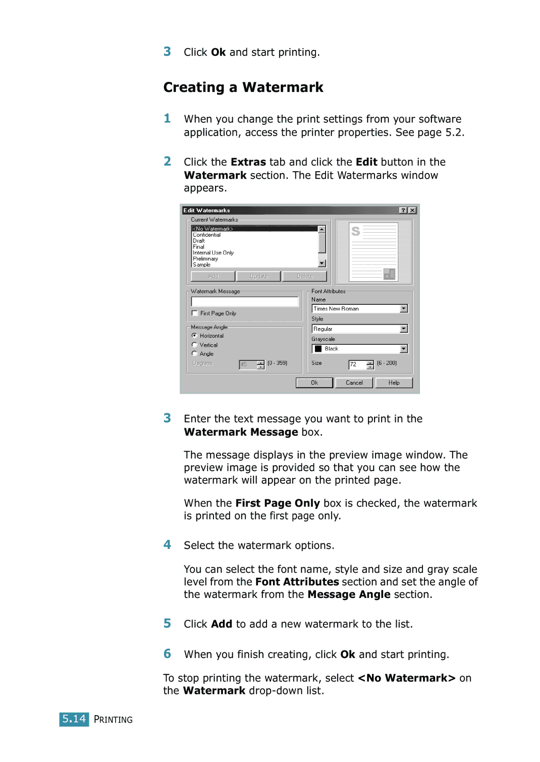 Samsung SCX-4216F manual Creating a Watermark, Click Ok and start printing 