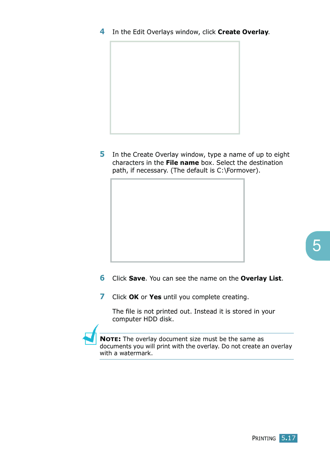 Samsung SCX-4216F manual Edit Overlays window, click Create Overlay 