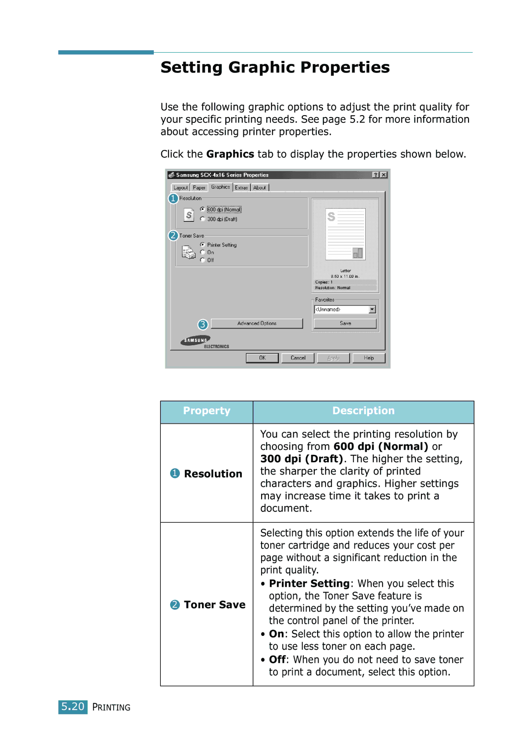 Samsung SCX-4216F manual Setting Graphic Properties, Choosing from 600 dpi Normal or, Resolution, Toner Save 