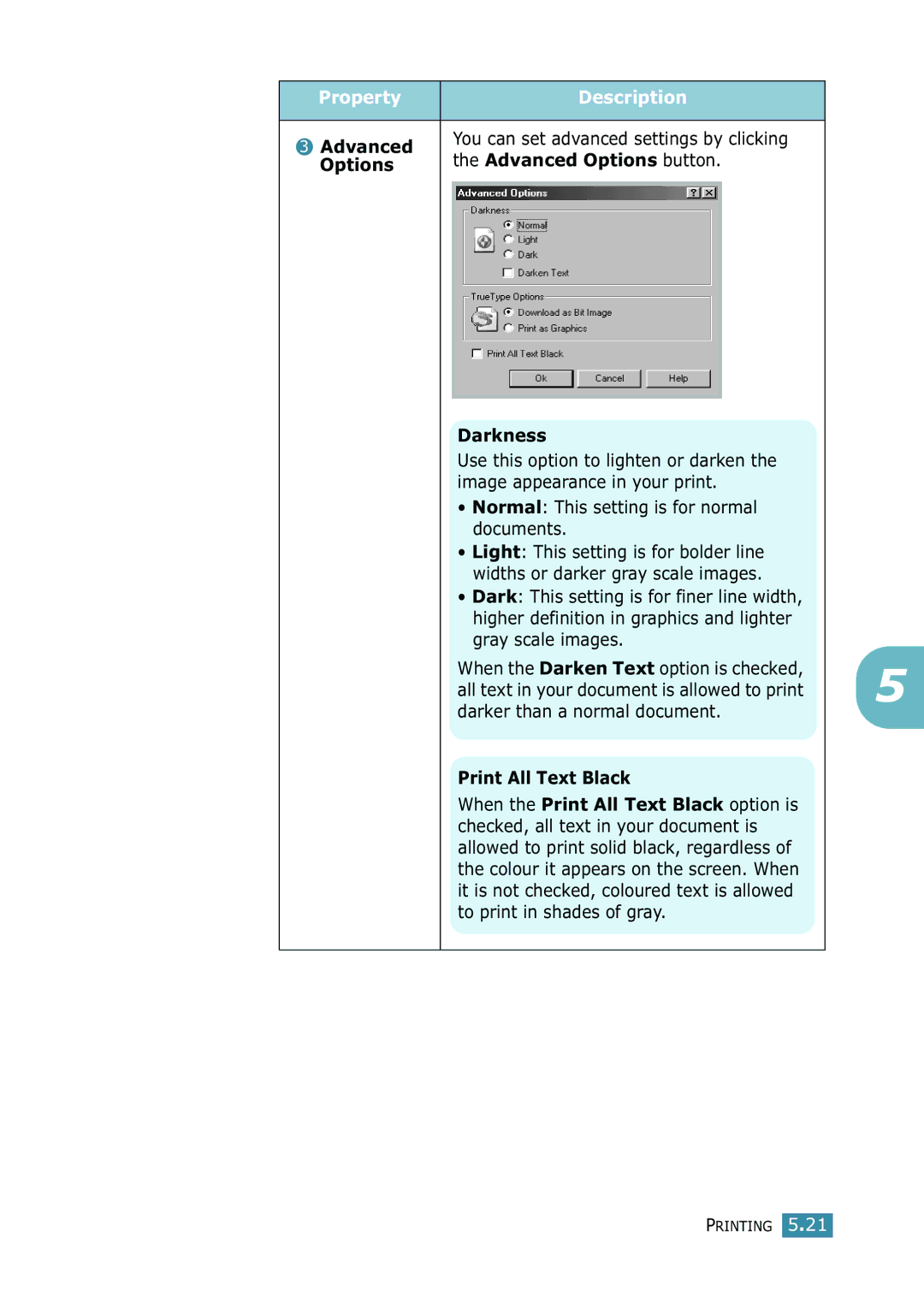 Samsung SCX-4216F manual Advanced Options button, Darkness, Print All Text Black 