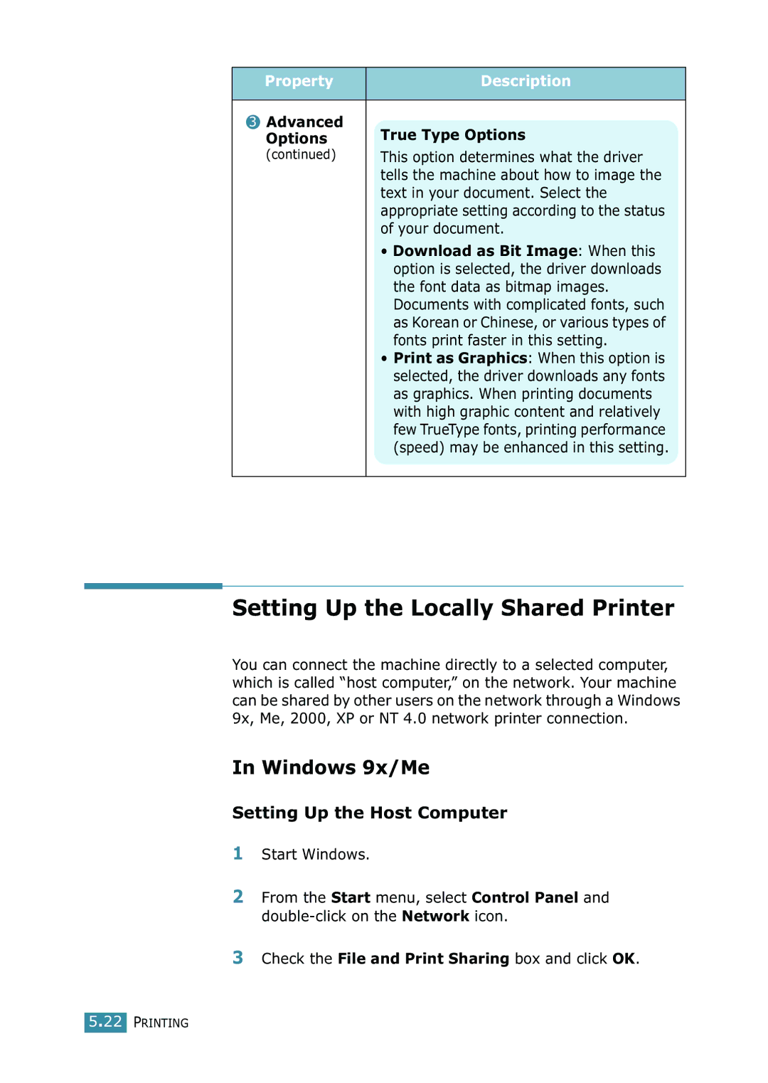 Samsung SCX-4216F manual Setting Up the Locally Shared Printer, Windows 9x/Me, Setting Up the Host Computer 