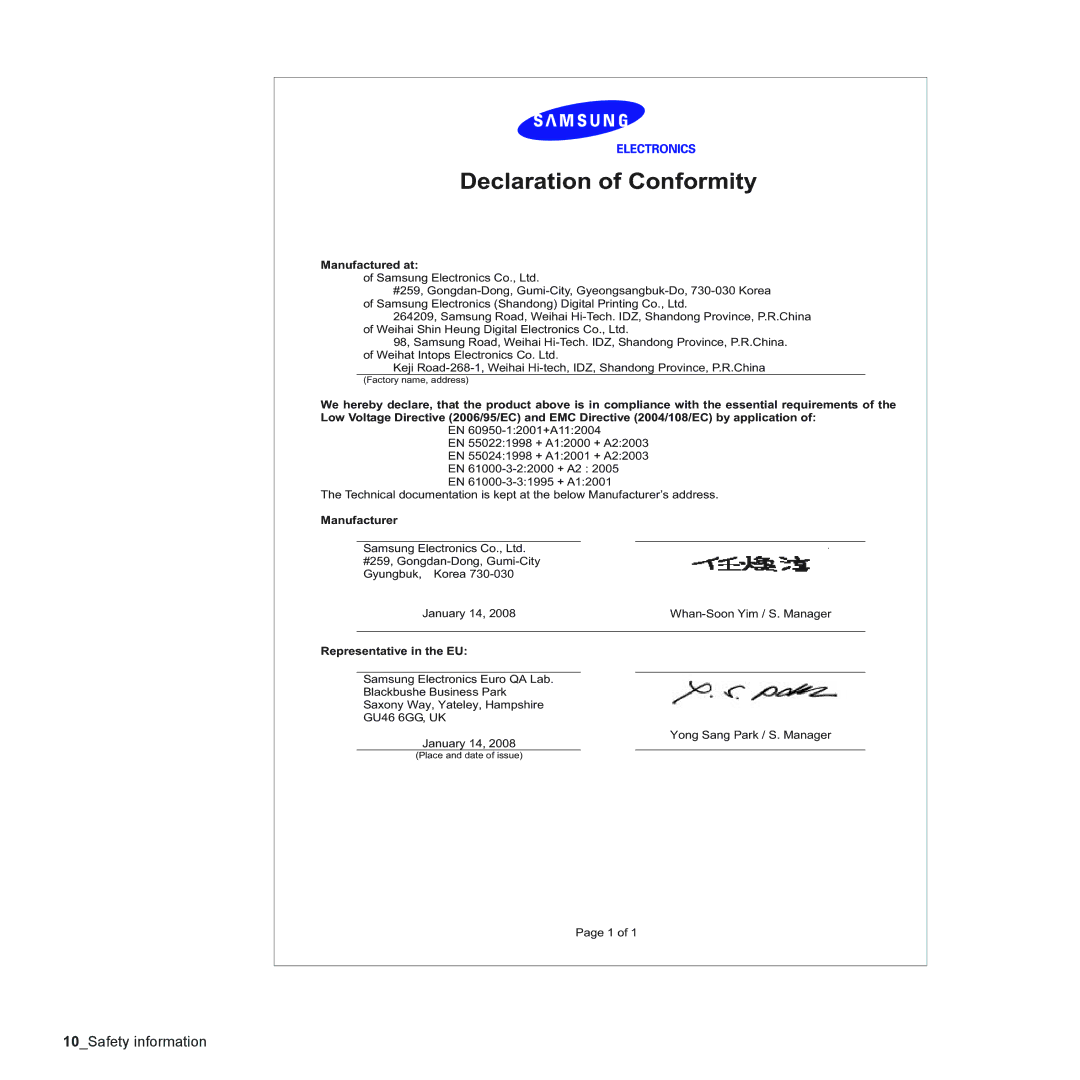 Samsung SCX-4300 manual Declaration of Conformity 