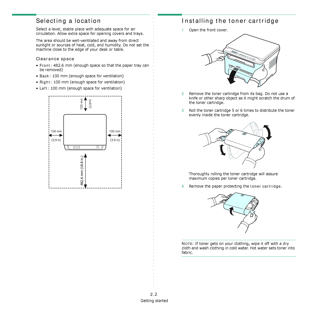 Samsung SCX-4300 manual Selecting a location, Installing the toner cartridge, Clearance space 