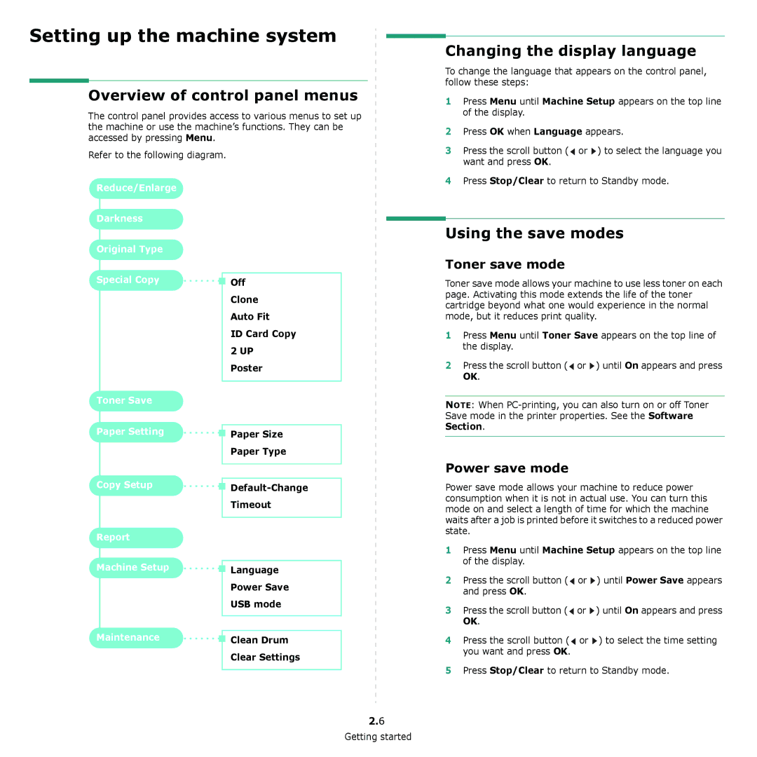 Samsung SCX-4300 Overview of control panel menus, Changing the display language, Using the save modes, Toner save mode 