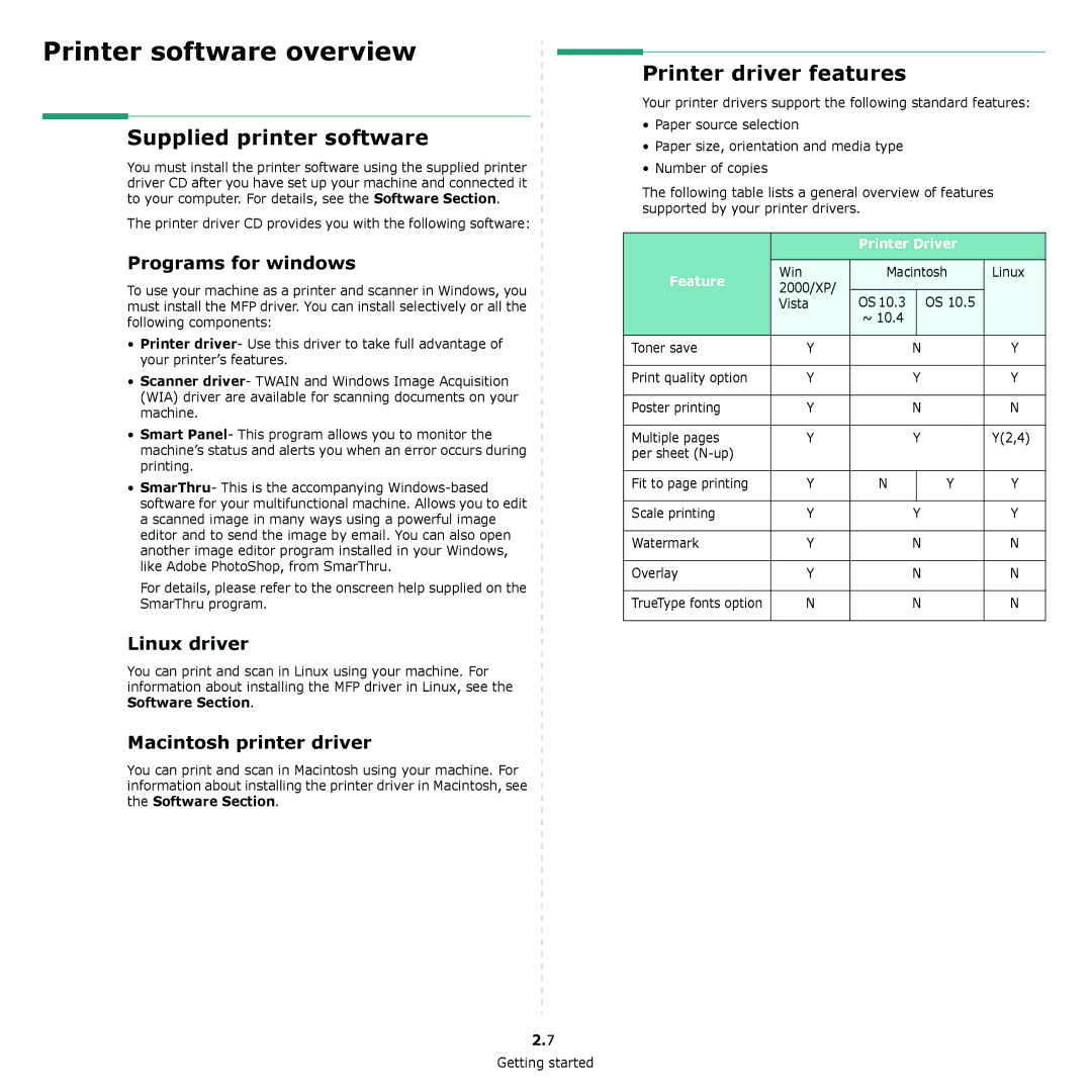 Samsung SCX-4300 manual Supplied printer software, Printer driver features, Programs for windows, Linux driver 