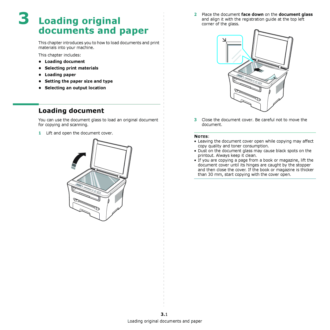 Samsung SCX-4300 manual Loading original documents and paper, Loading document 