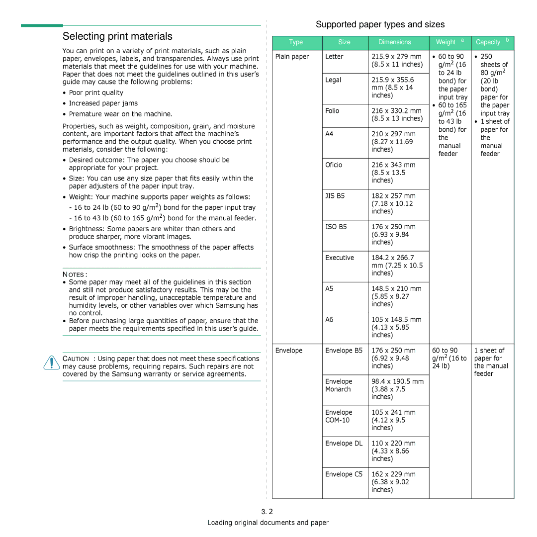 Samsung SCX-4300 Selecting print materials, Supported paper types and sizes, Type Size Dimensions Weight a Capacity b 