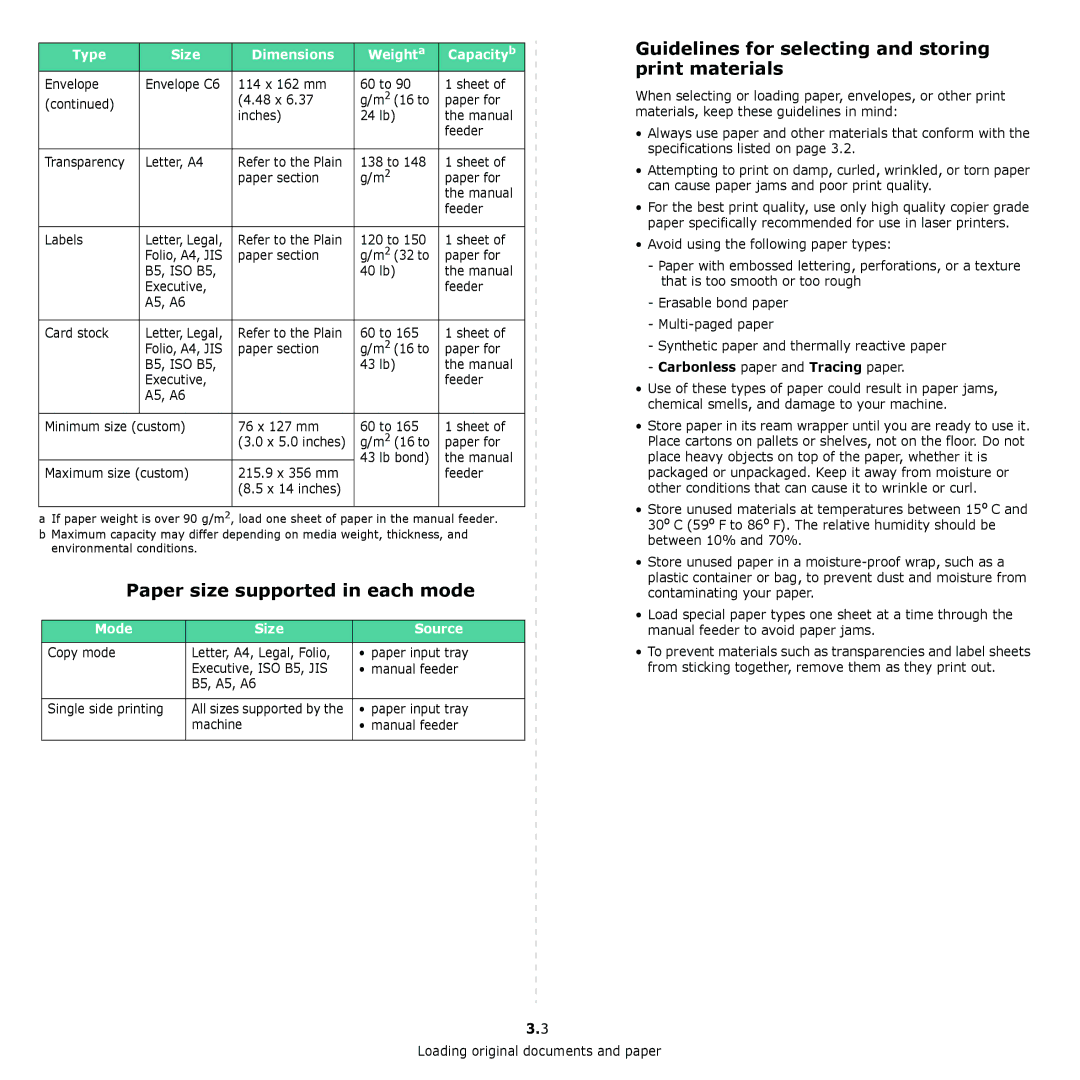 Samsung SCX-4300 Paper size supported in each mode, Guidelines for selecting and storing print materials, Mode Size Source 