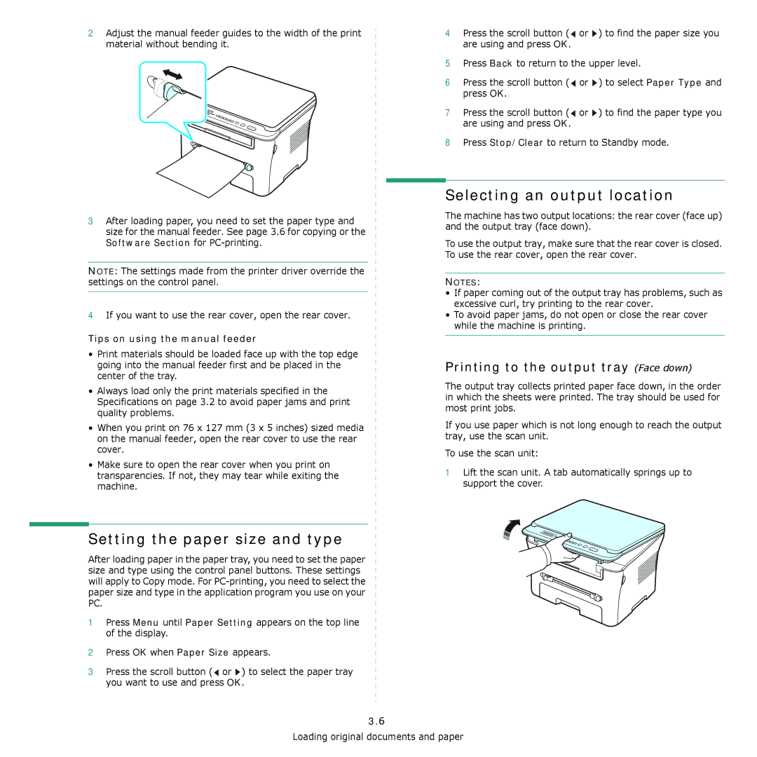 Samsung SCX-4300 Selecting an output location, Setting the paper size and type, Printing to the output tray Face down 