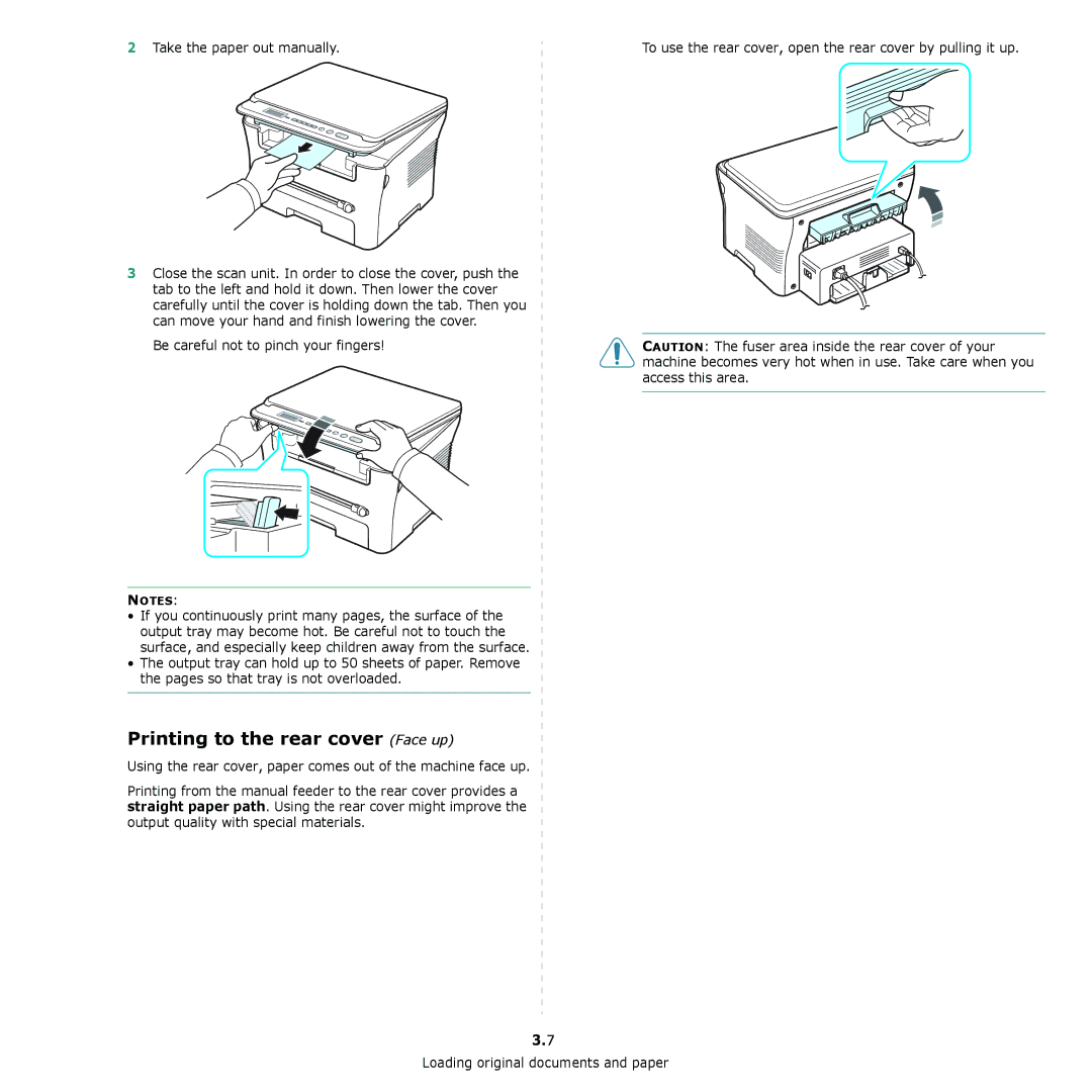 Samsung SCX-4300 Printing to the rear cover Face up, Take the paper out manually, Be careful not to pinch your fingers 