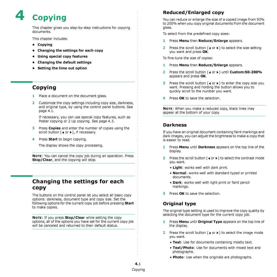 Samsung SCX-4300 manual Copying, Changing the settings for each copy 