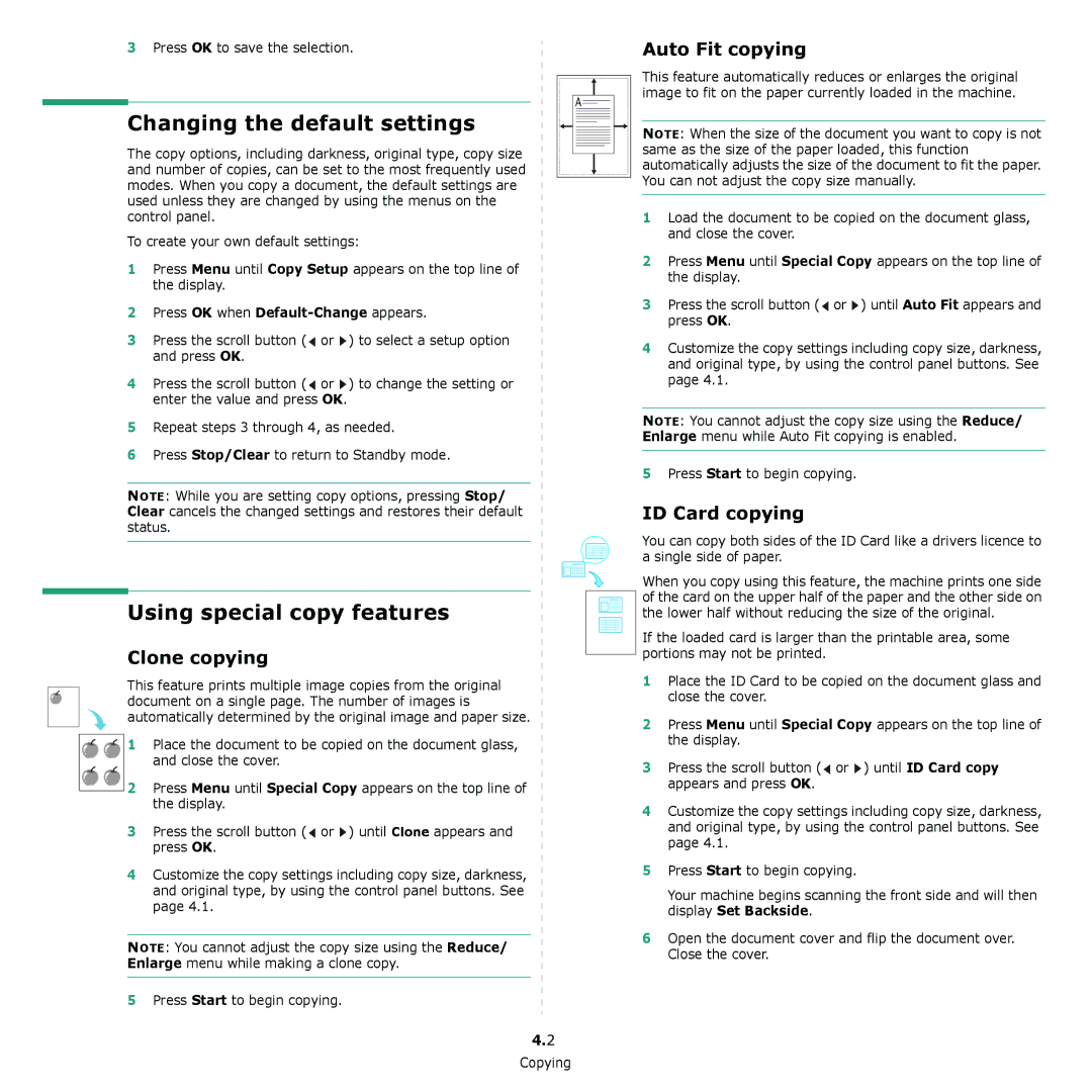 Samsung SCX-4300 manual Changing the default settings, Using special copy features, Auto Fit copying, ID Card copying 