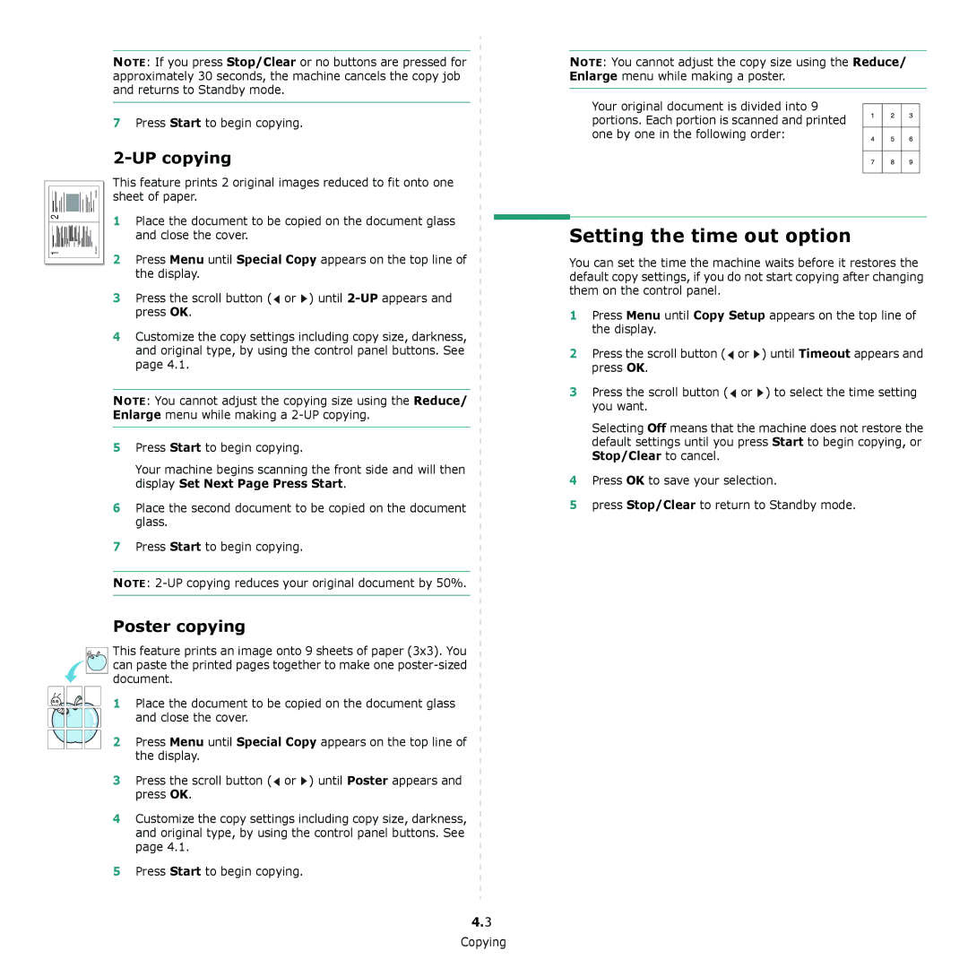 Samsung SCX-4300 manual Setting the time out option, UP copying, Poster copying 