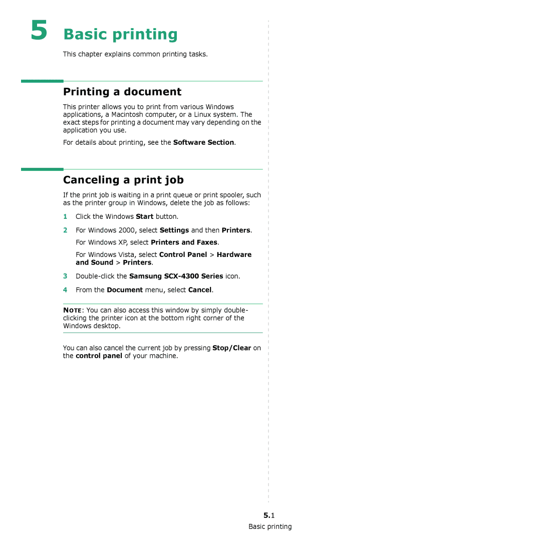 Samsung manual Basic printing, Printing a document, Canceling a print job, Double-click the Samsung SCX-4300 Series icon 