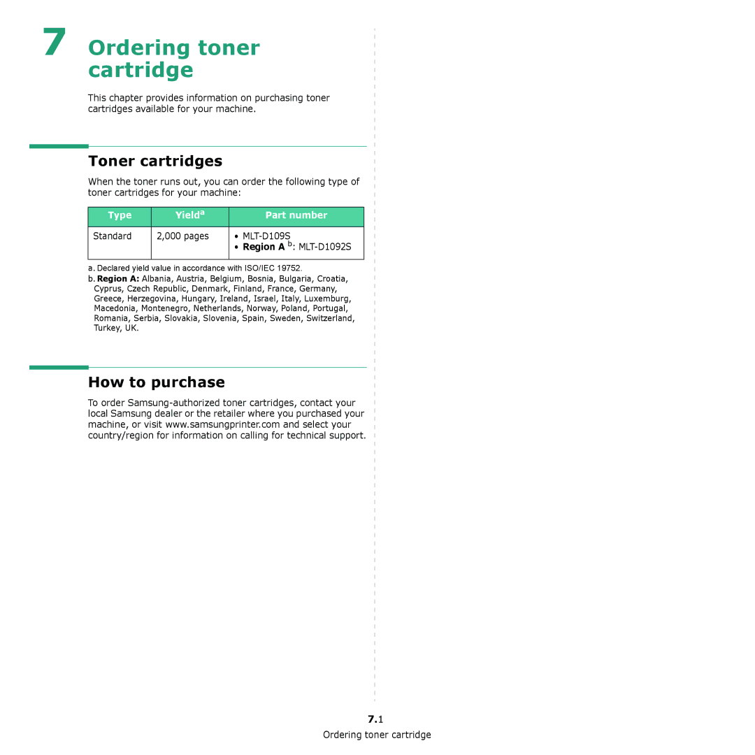 Samsung SCX-4300 manual Ordering toner cartridge, Toner cartridges, How to purchase, Type Yield a Part number 