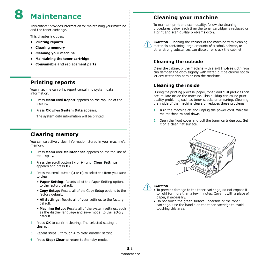 Samsung SCX-4300 manual Maintenance, Printing reports, Clearing memory, Cleaning your machine 