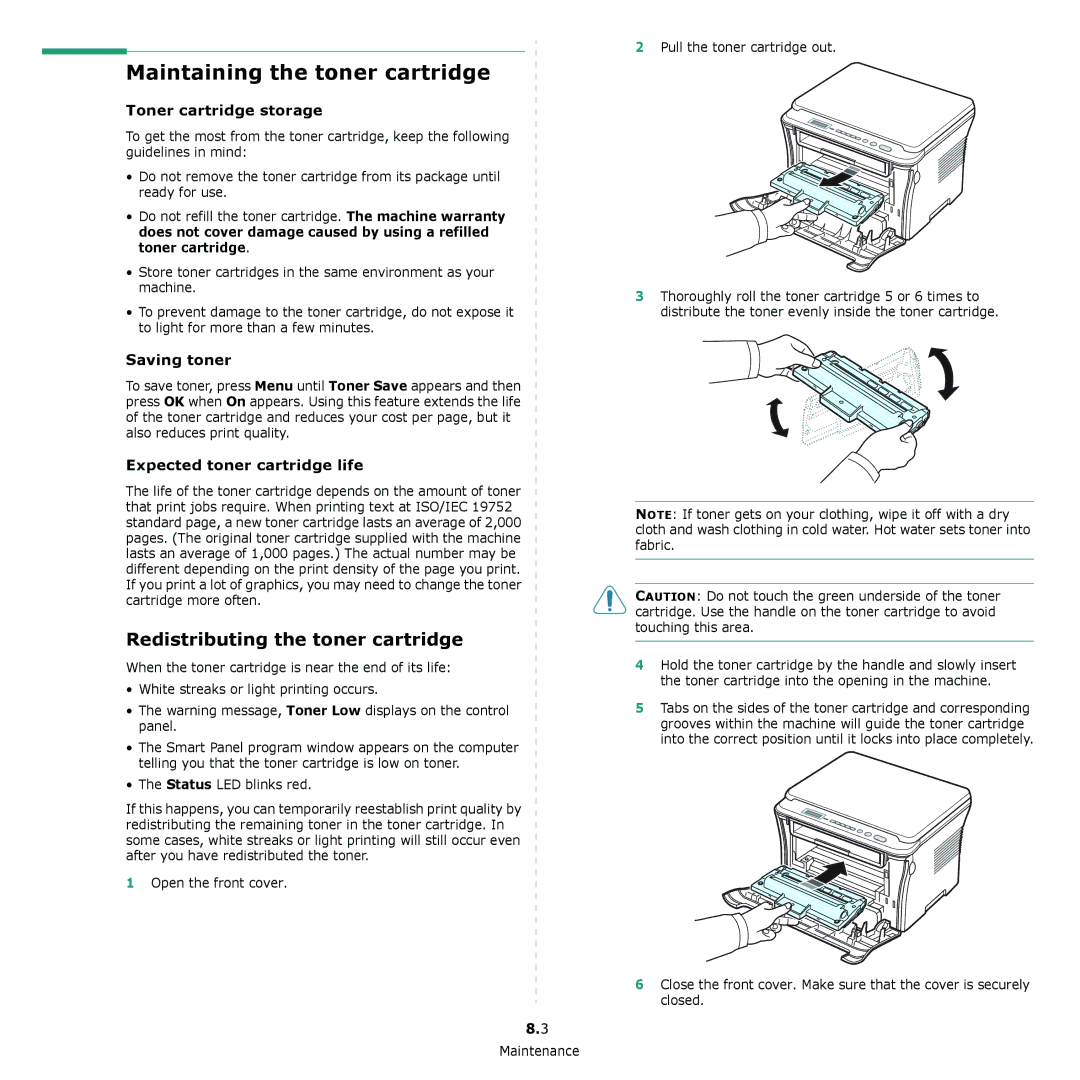 Samsung SCX-4300 manual Maintaining the toner cartridge, Redistributing the toner cartridge, Toner cartridge storage 