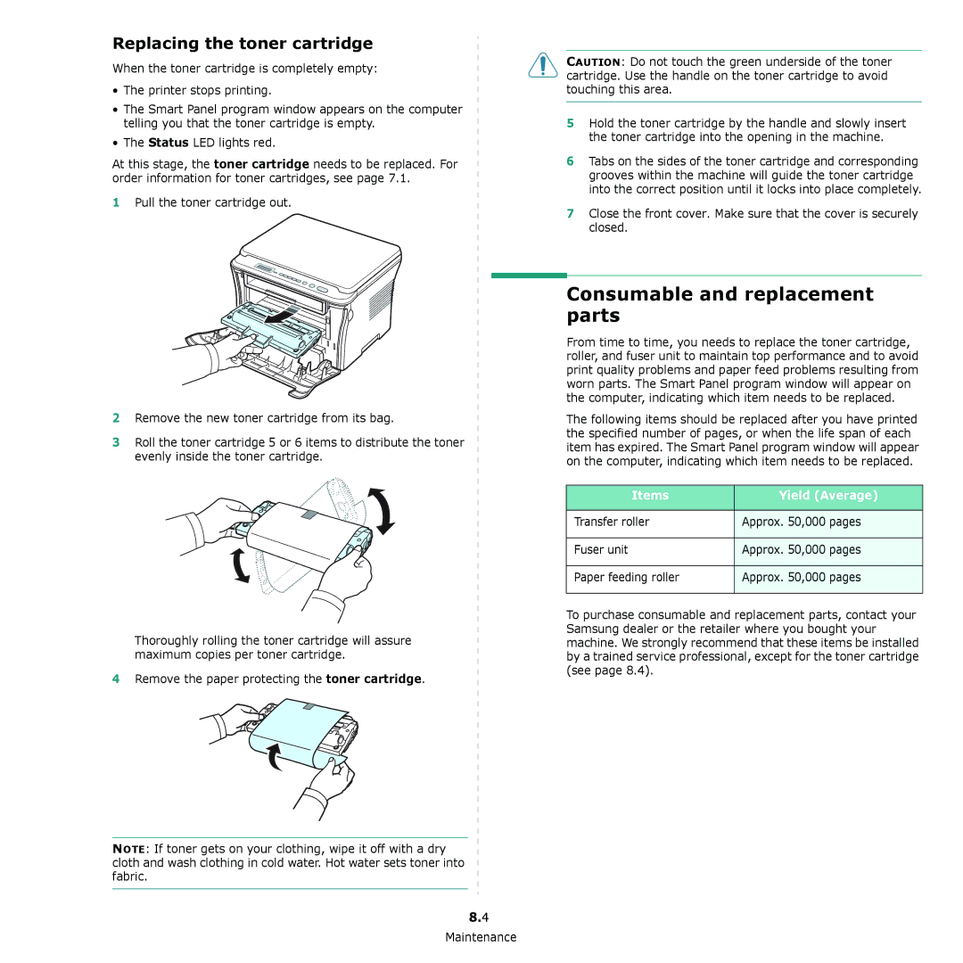 Samsung SCX-4300 manual Consumable and replacement parts, Replacing the toner cartridge, Items Yield Average 