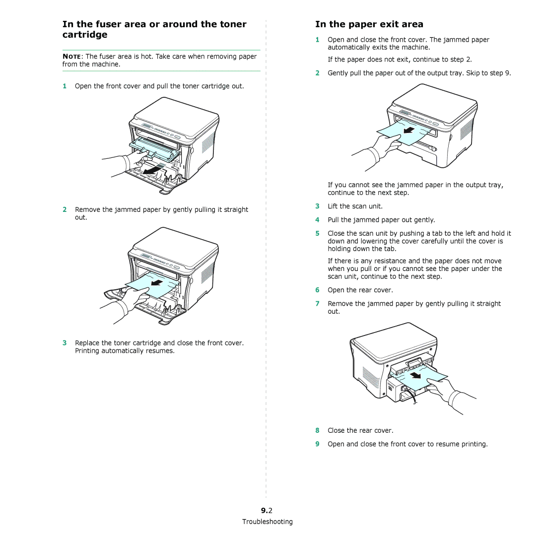 Samsung SCX-4300 manual Fuser area or around the toner cartridge, Paper exit area 