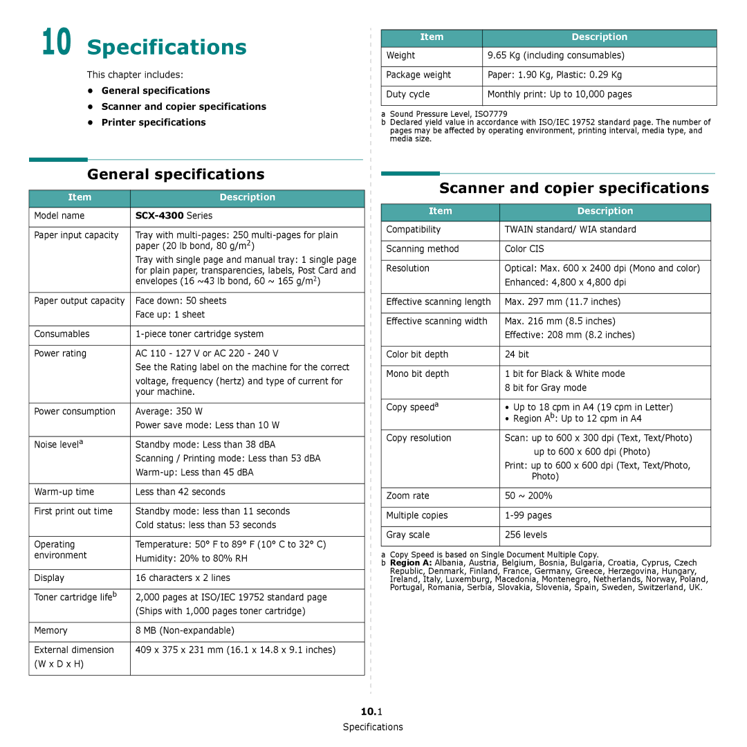 Samsung manual Specifications, General specifications, Scanner and copier specifications, 10.1, SCX-4300 Series 