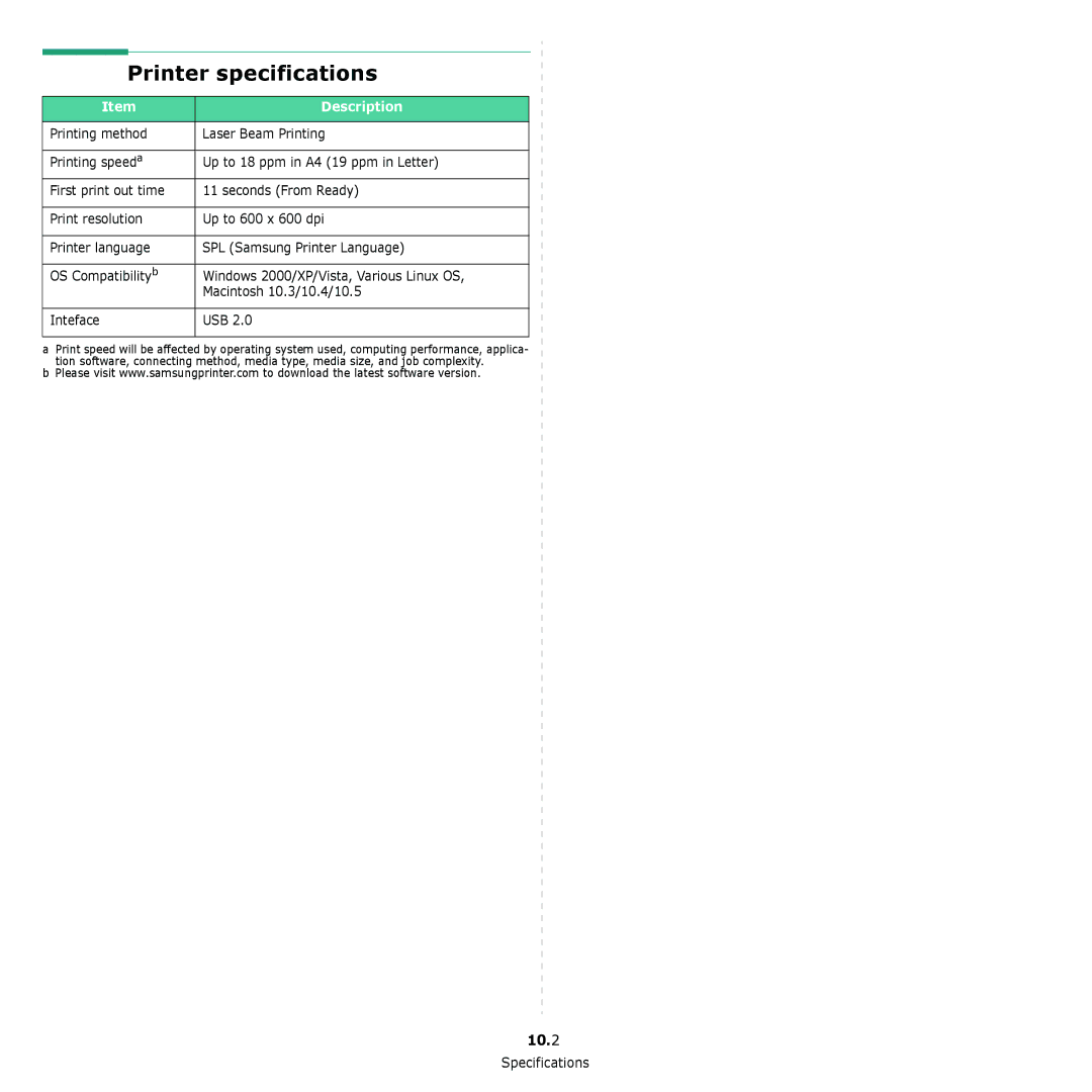 Samsung SCX-4300 manual Printer specifications, 10.2 