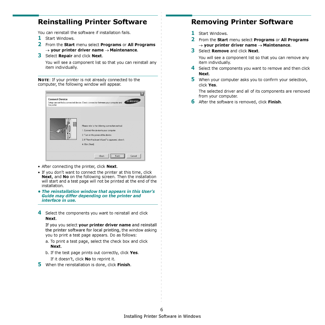 Samsung SCX-4300 manual Reinstalling Printer Software, Removing Printer Software 