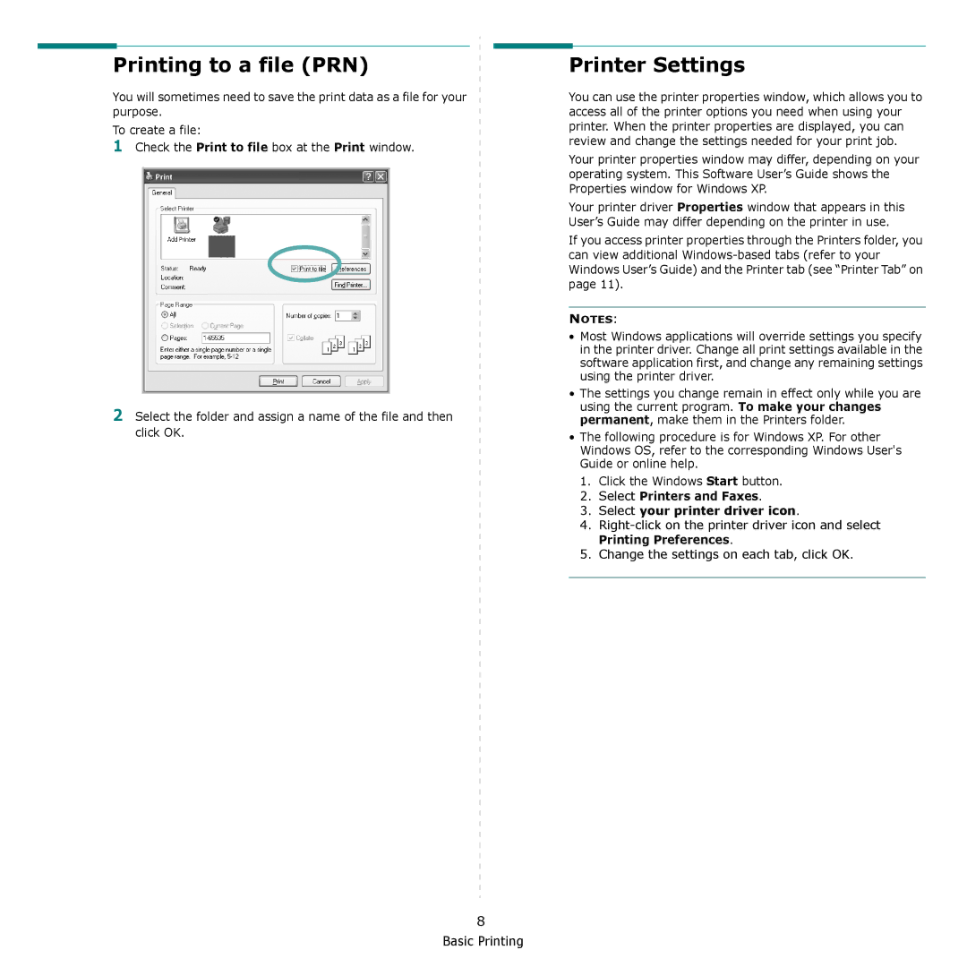 Samsung SCX-4300 manual Printing to a file PRN, Printer Settings, Select Printers and Faxes Select your printer driver icon 