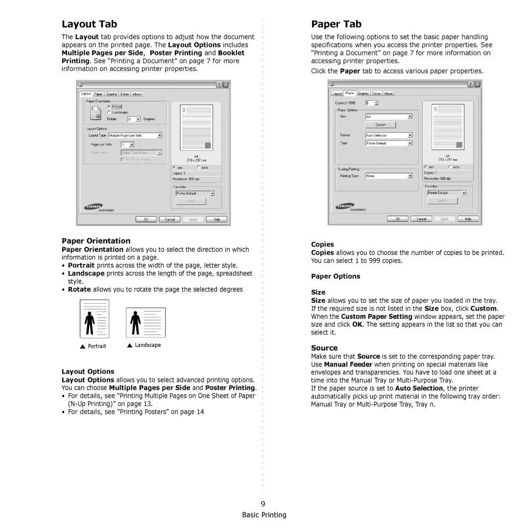 Samsung SCX-4300 manual Layout Tab, Paper Tab, Paper Orientation, Source 