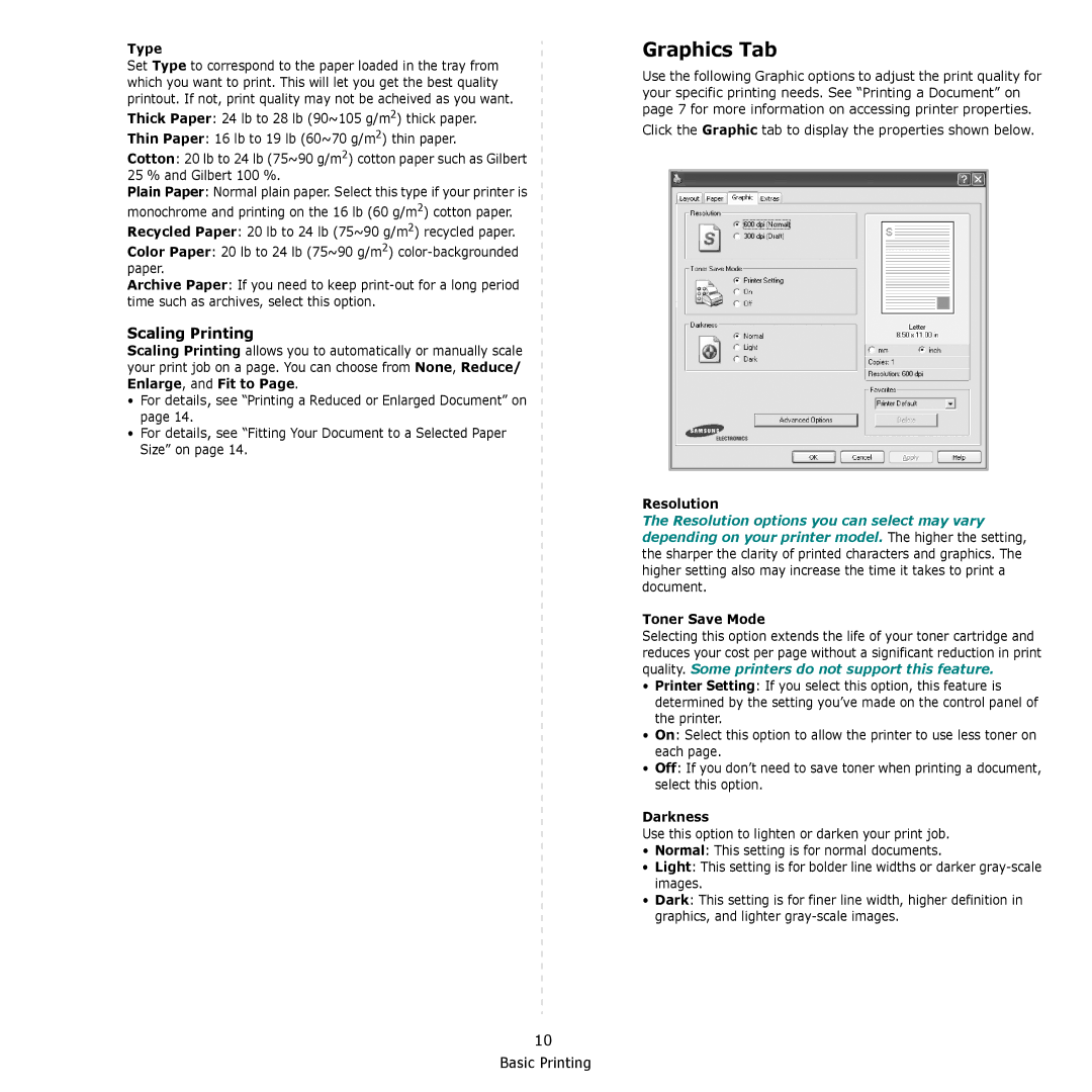 Samsung SCX-4300 manual Graphics Tab, Scaling Printing 