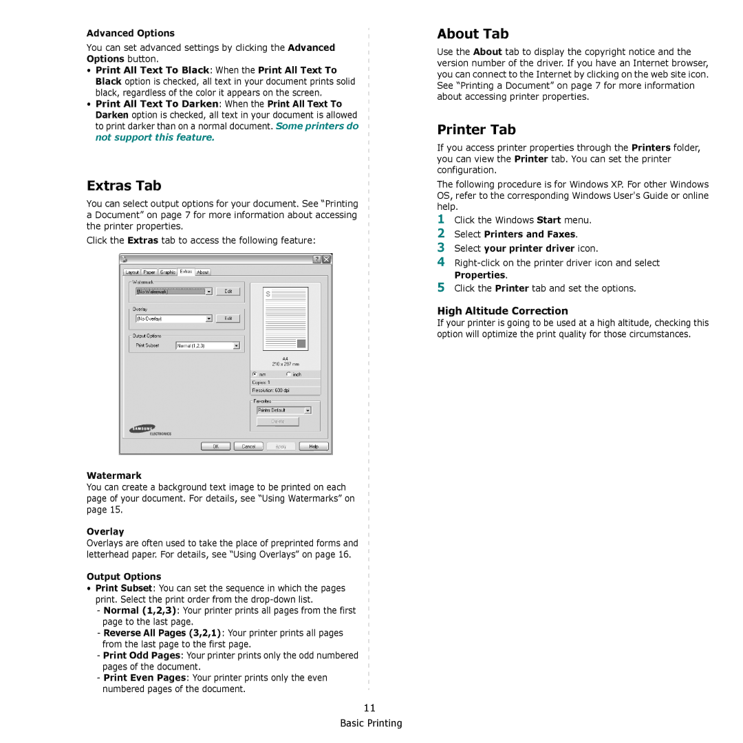 Samsung SCX-4300 manual Extras Tab, About Tab, Printer Tab, High Altitude Correction 