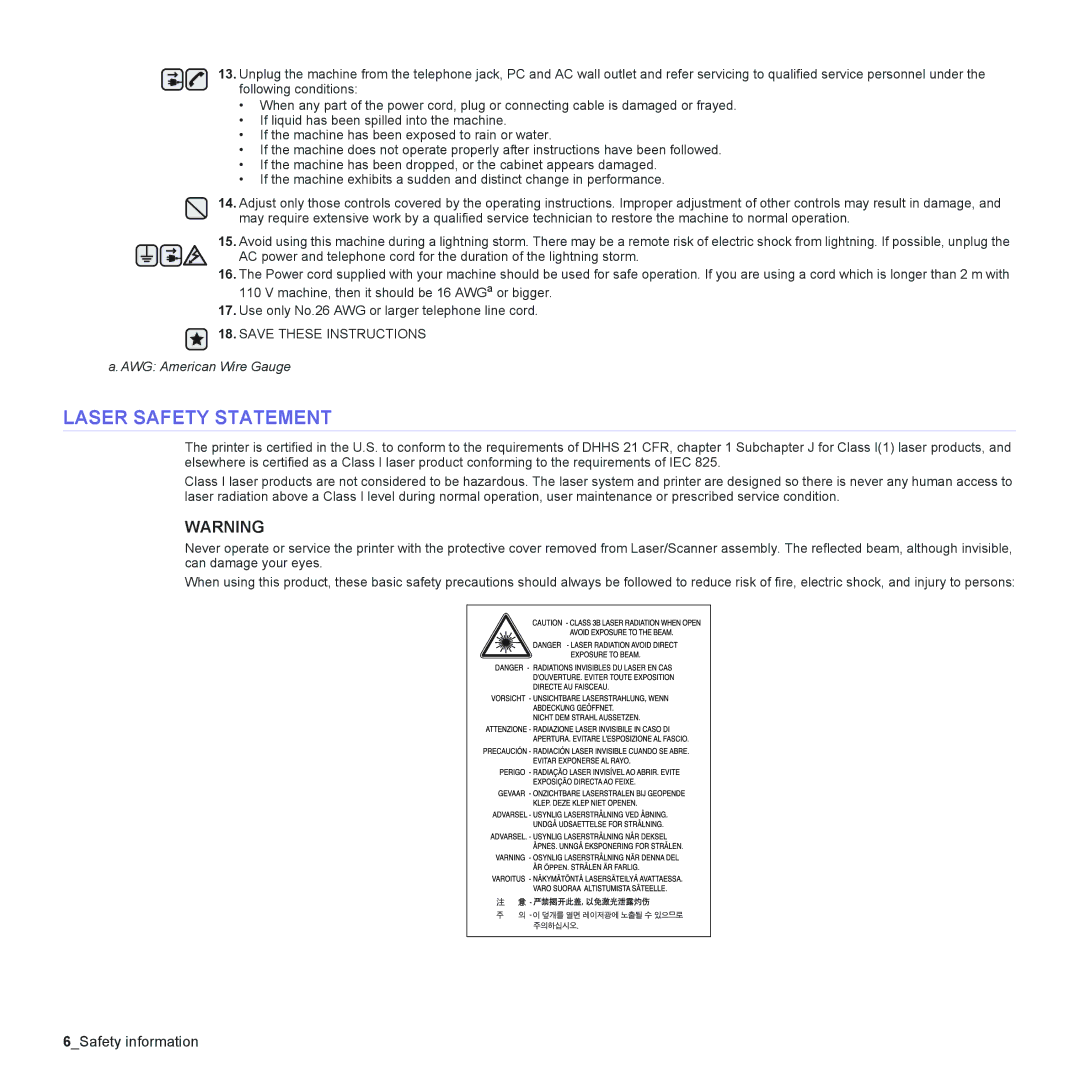 Samsung SCX-4300 manual Laser Safety Statement 