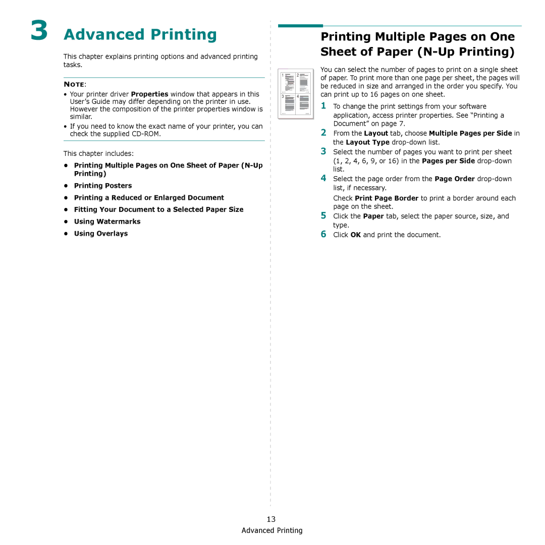 Samsung SCX-4300 manual Advanced Printing, Printing Multiple Pages on One Sheet of Paper N-Up Printing 