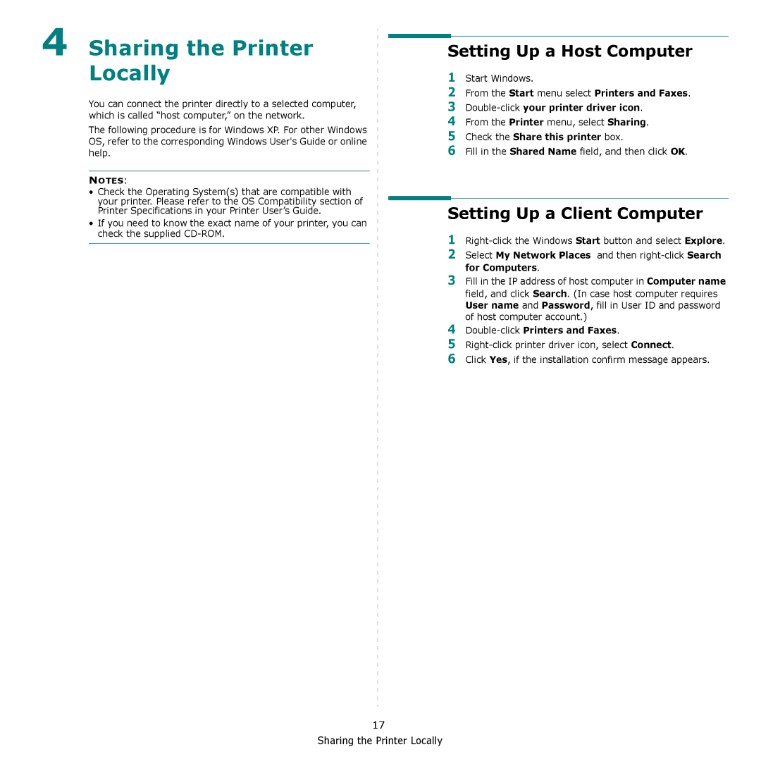 Samsung SCX-4300 manual Sharing the Printer Locally, Setting Up a Host Computer, Setting Up a Client Computer 