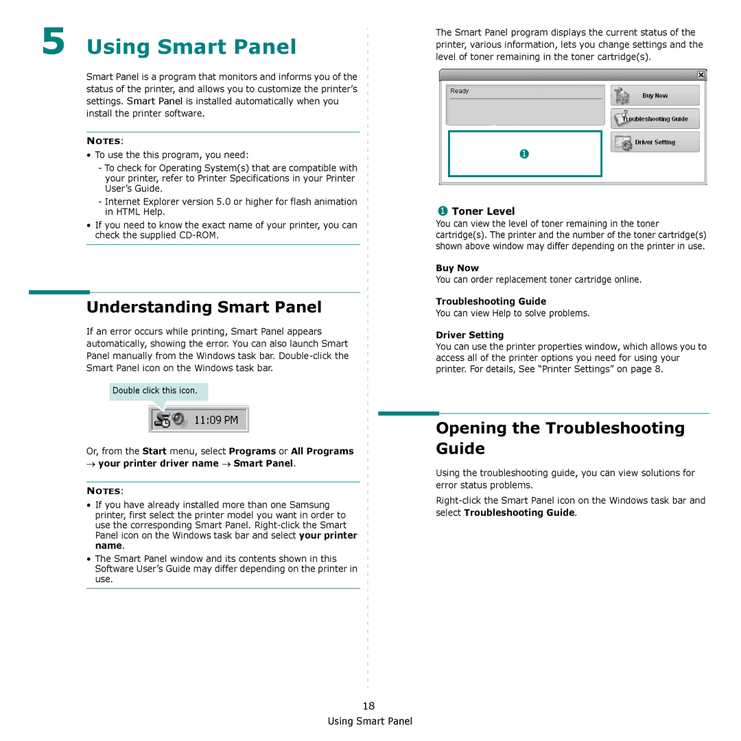 Samsung SCX-4300 manual Using Smart Panel, Understanding Smart Panel, Opening the Troubleshooting Guide, Toner Level 