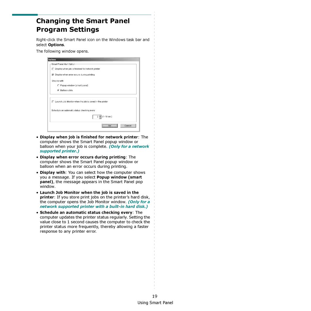 Samsung SCX-4300 manual Changing the Smart Panel Program Settings 