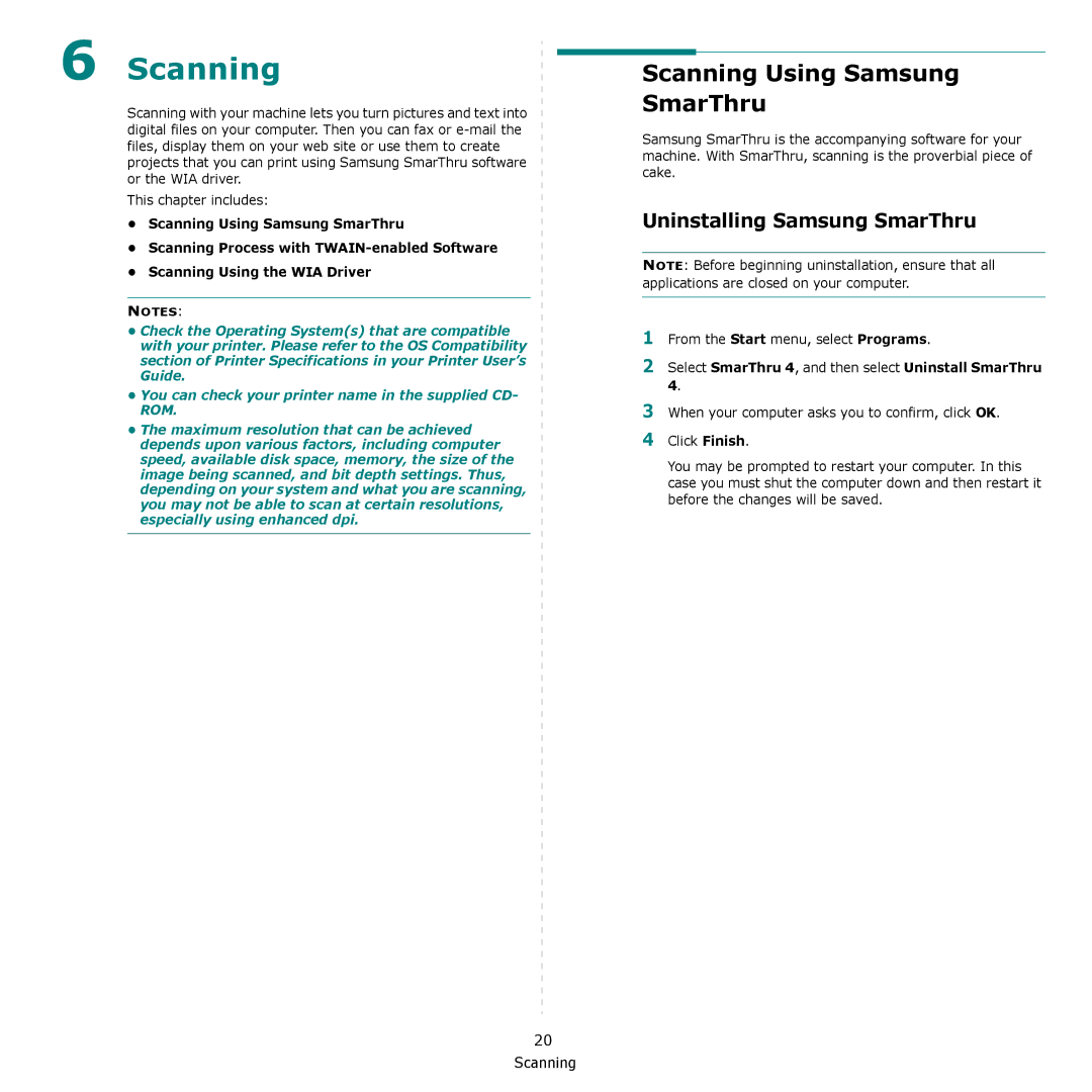 Samsung SCX-4300 manual Scanning Using Samsung SmarThru, Uninstalling Samsung SmarThru 