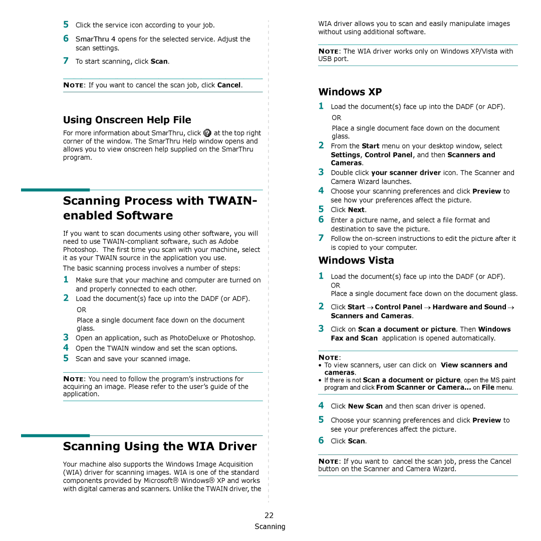 Samsung SCX-4300 Scanning Process with TWAIN- enabled Software, Scanning Using the WIA Driver, Using Onscreen Help File 