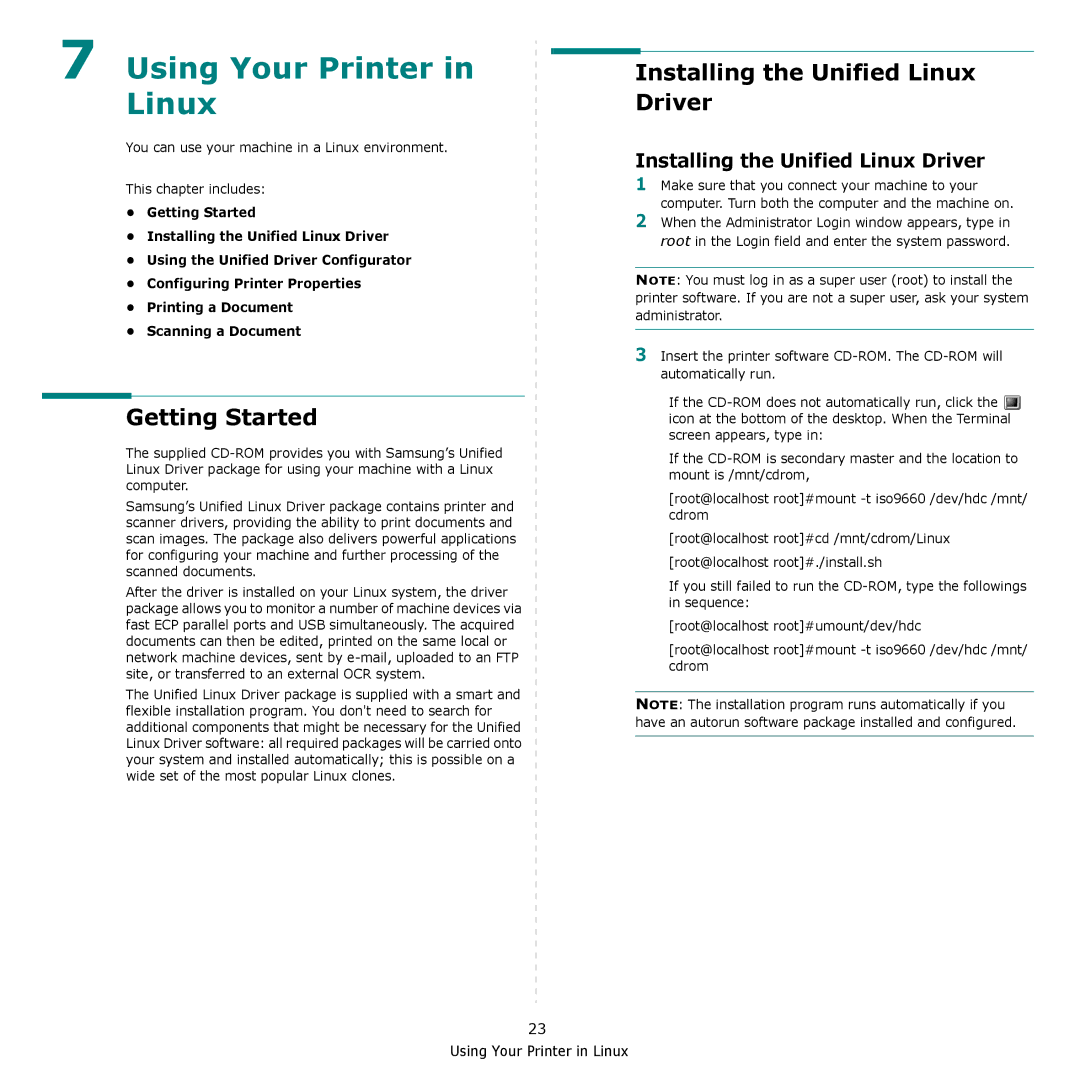 Samsung SCX-4300 manual Using Your Printer in Linux, Getting Started, Installing the Unified Linux Driver 