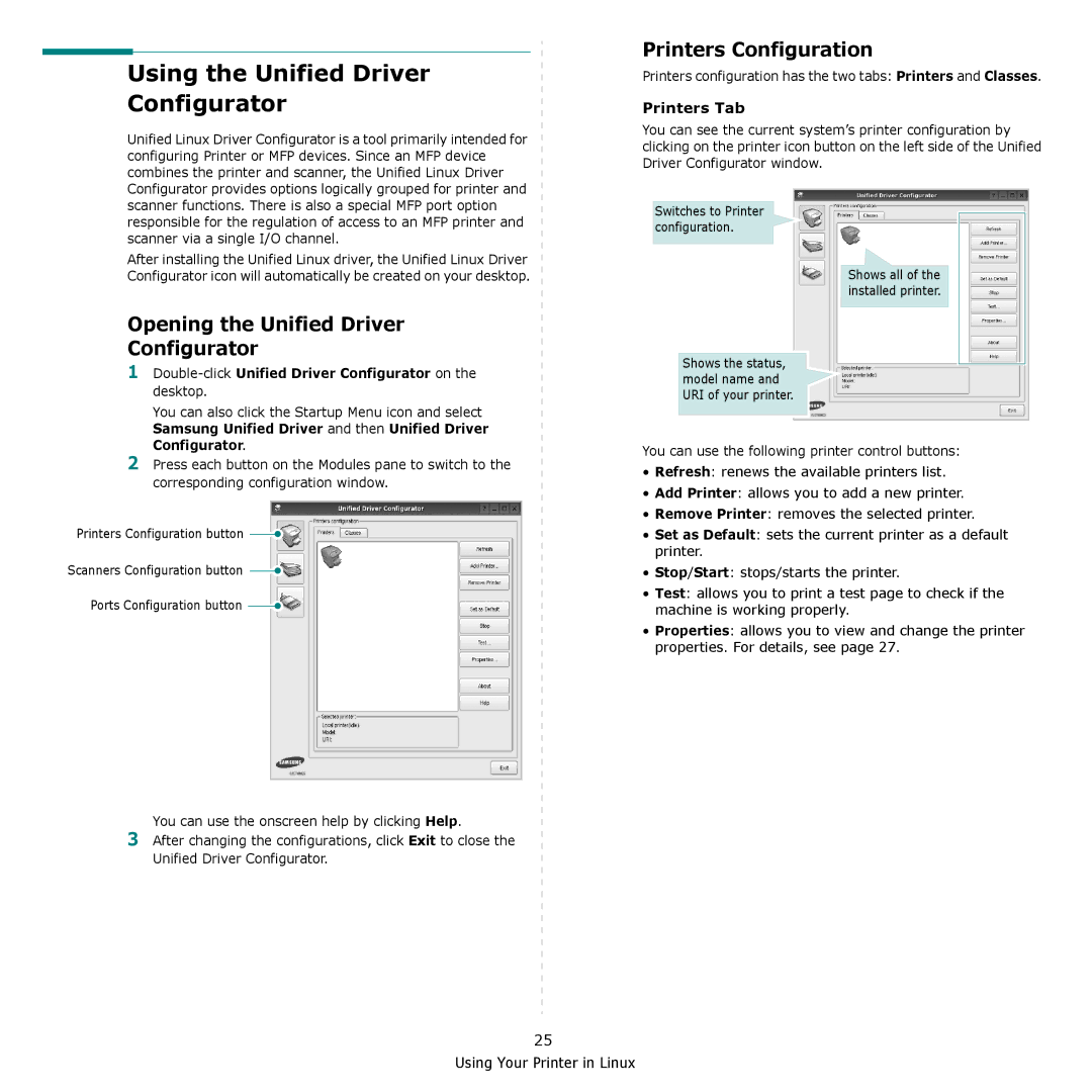 Samsung SCX-4300 Using the Unified Driver Configurator, Printers Configuration, Opening the Unified Driver Configurator 