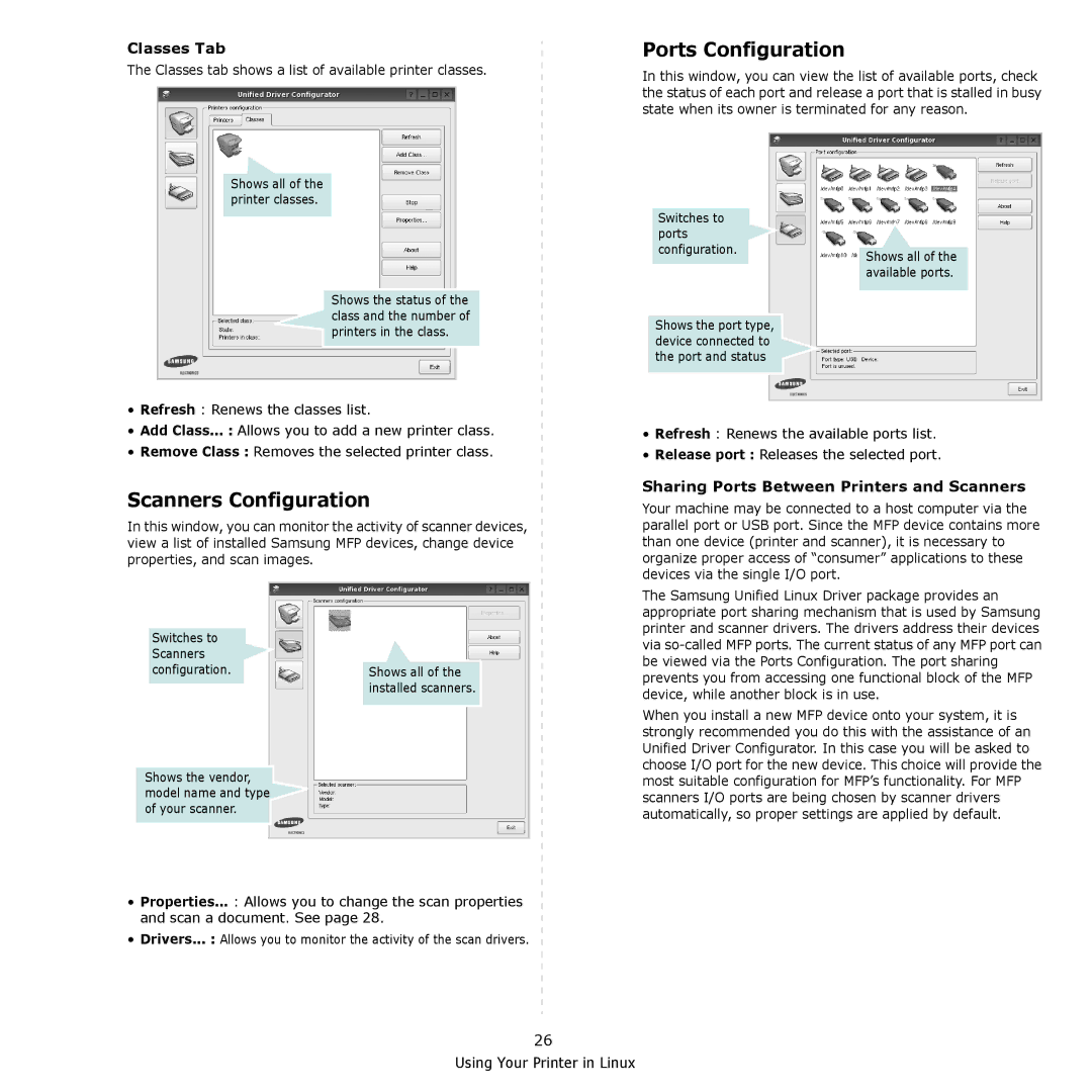 Samsung SCX-4300 Scanners Configuration, Ports Configuration, Classes Tab, Sharing Ports Between Printers and Scanners 
